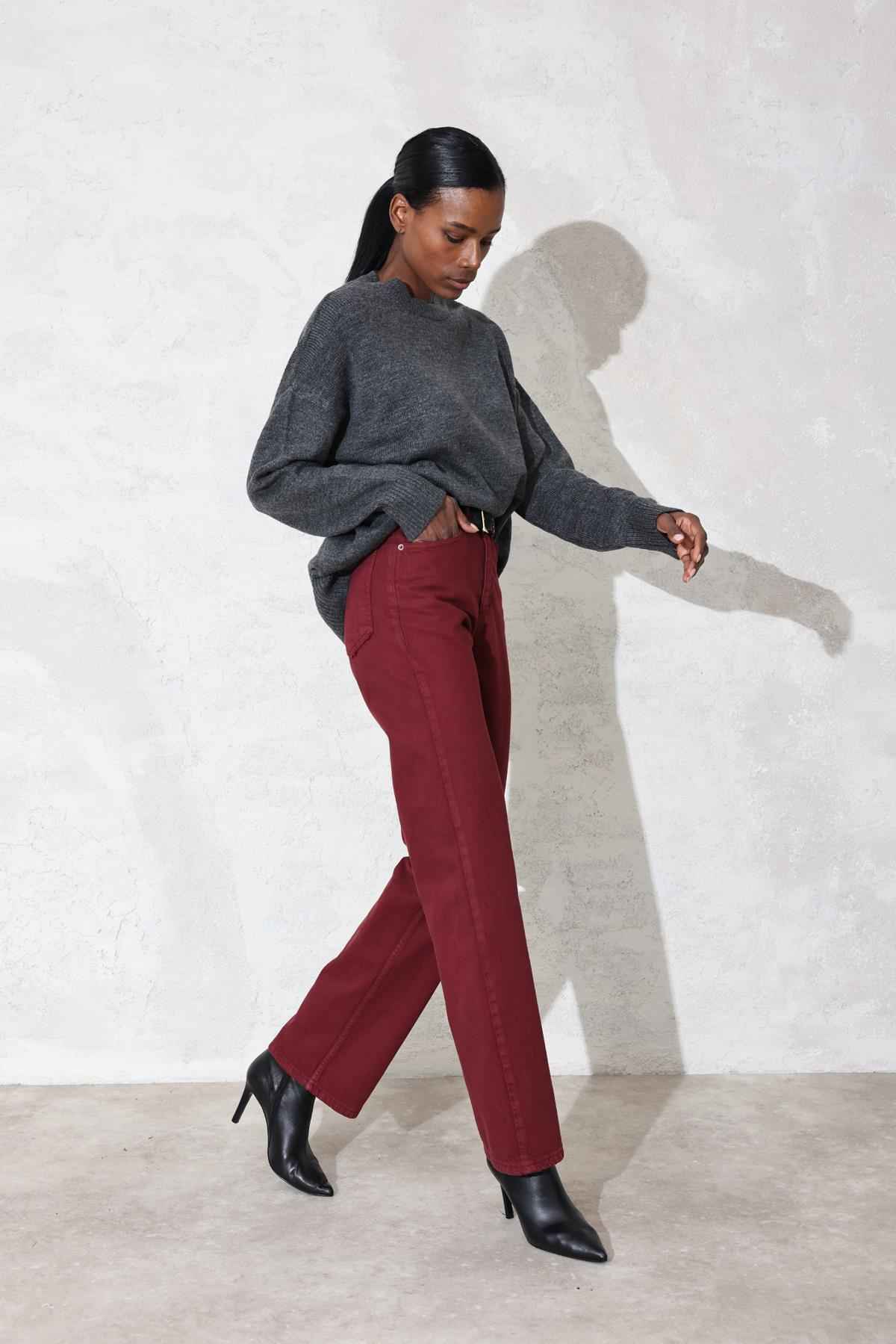 Bordo Yüksek Bel Straight Jean 