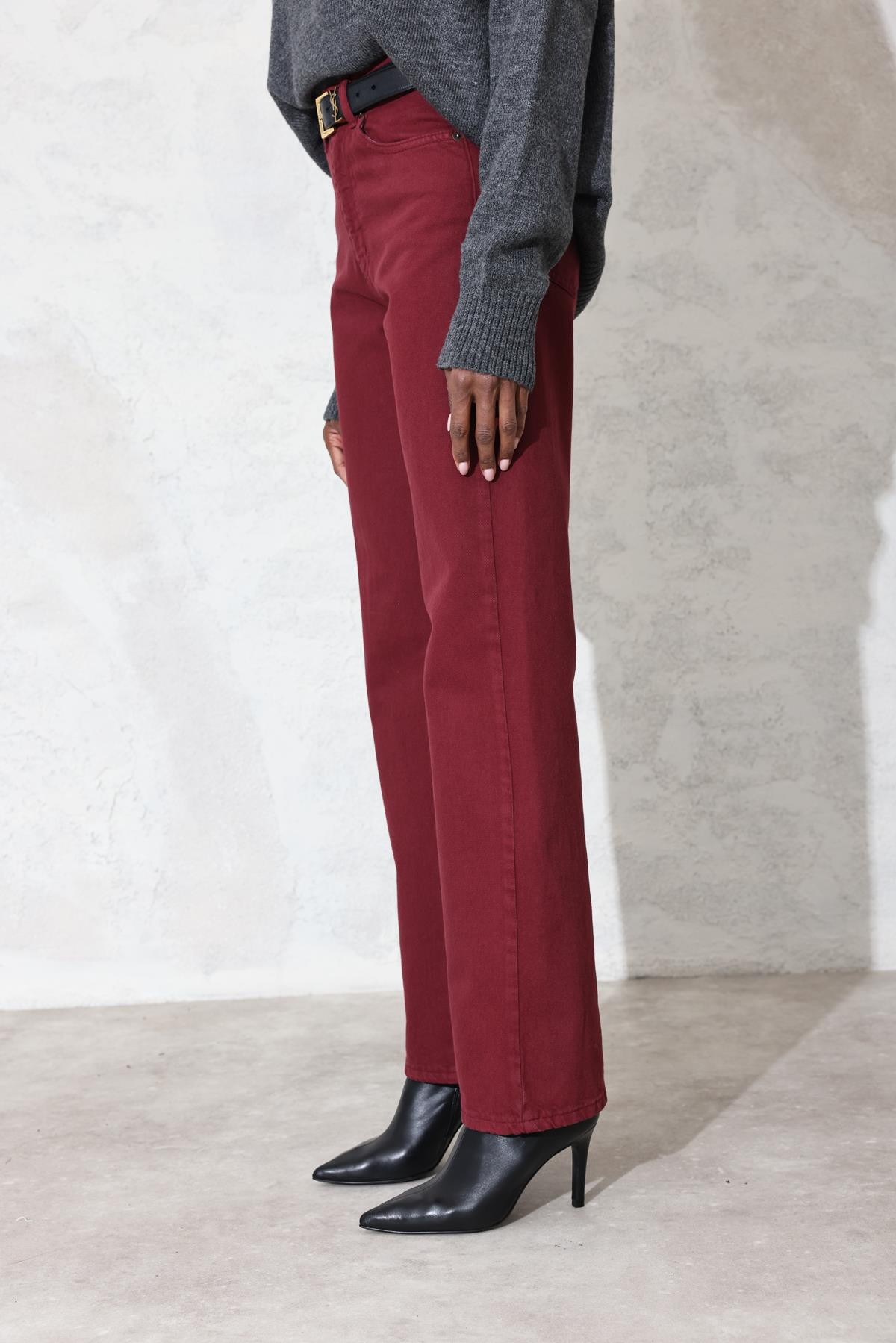 Bordo Yüksek Bel Straight Jean 