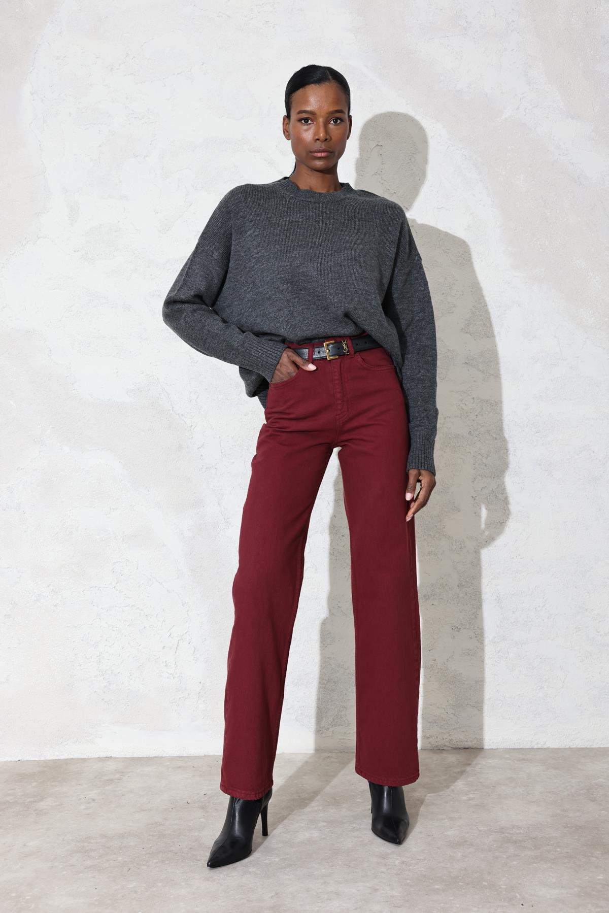 Bordo Yüksek Bel Straight Jean 