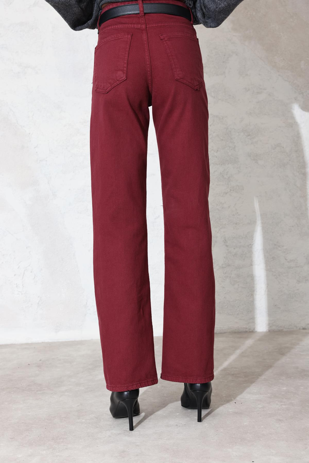 Bordo Yüksek Bel Straight Jean 