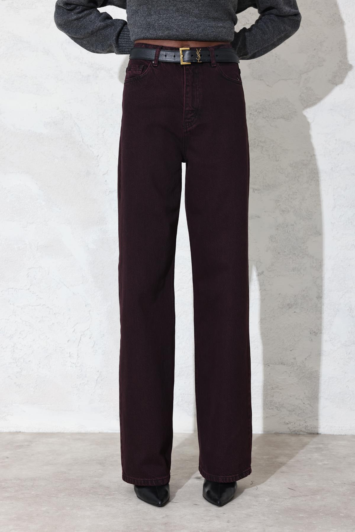 Bordo Yüksek Bel Wide Leg Jean 7714