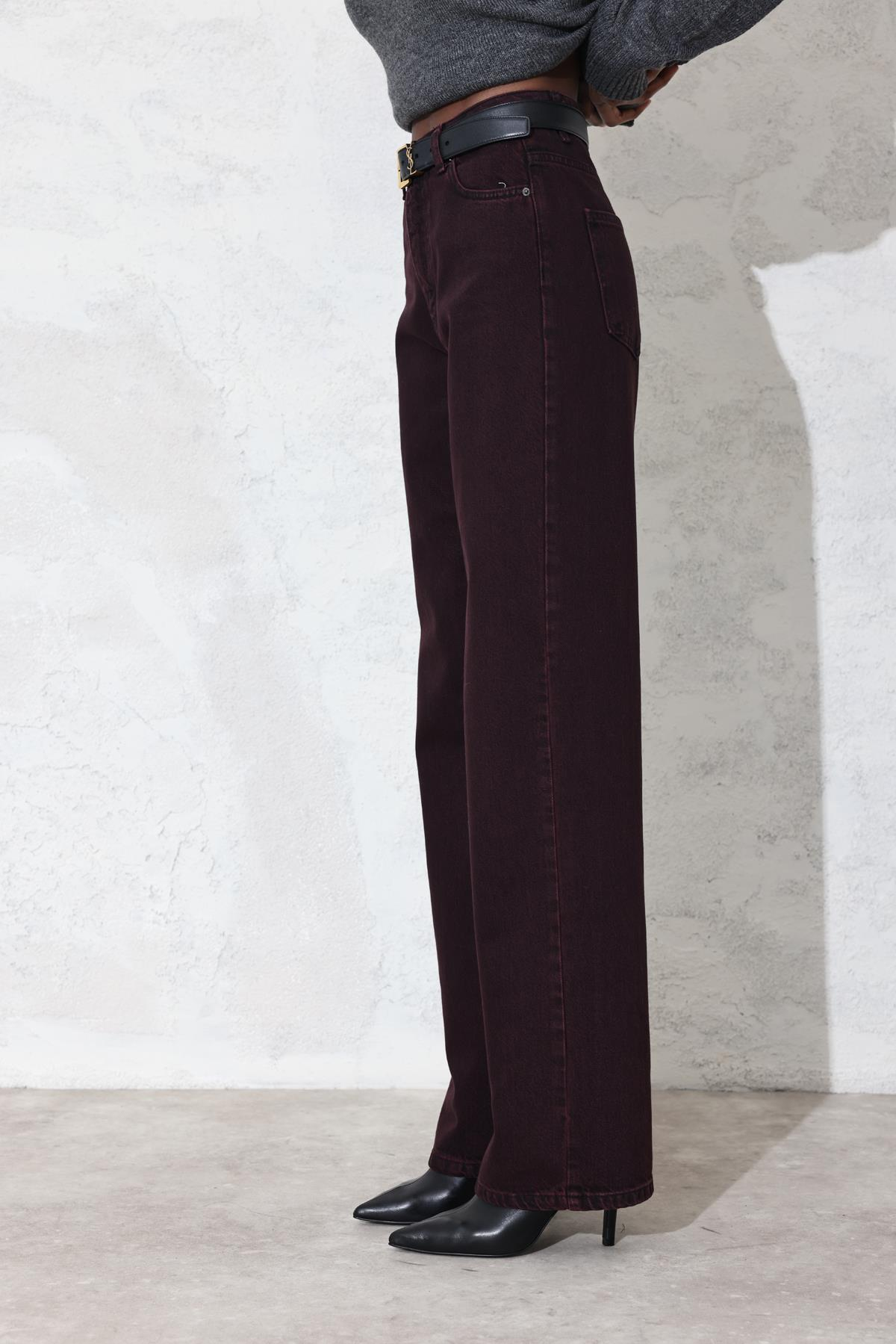 Bordo Yüksek Bel Wide Leg Jean 7714