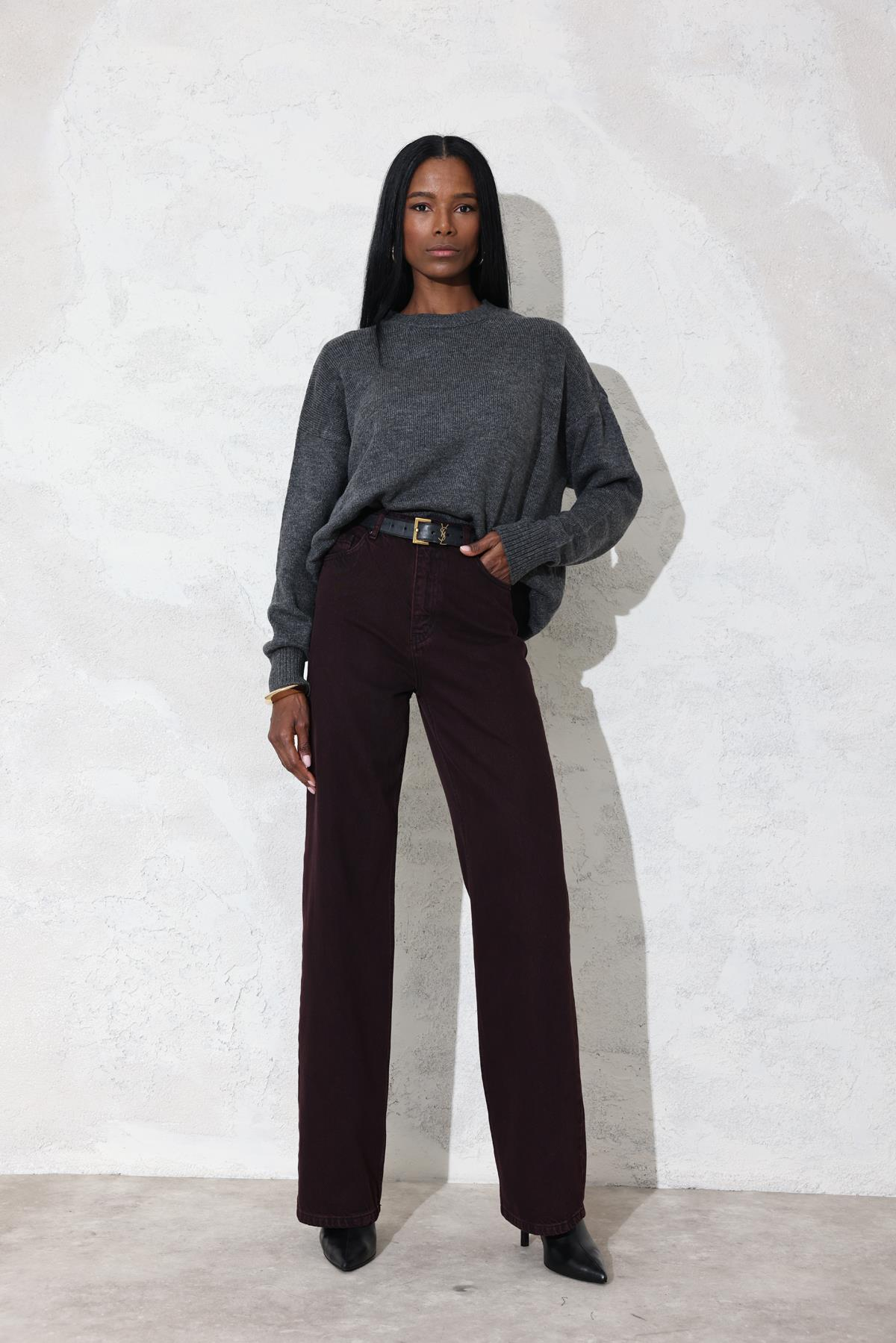 Bordo Yüksek Bel Wide Leg Jean 7714