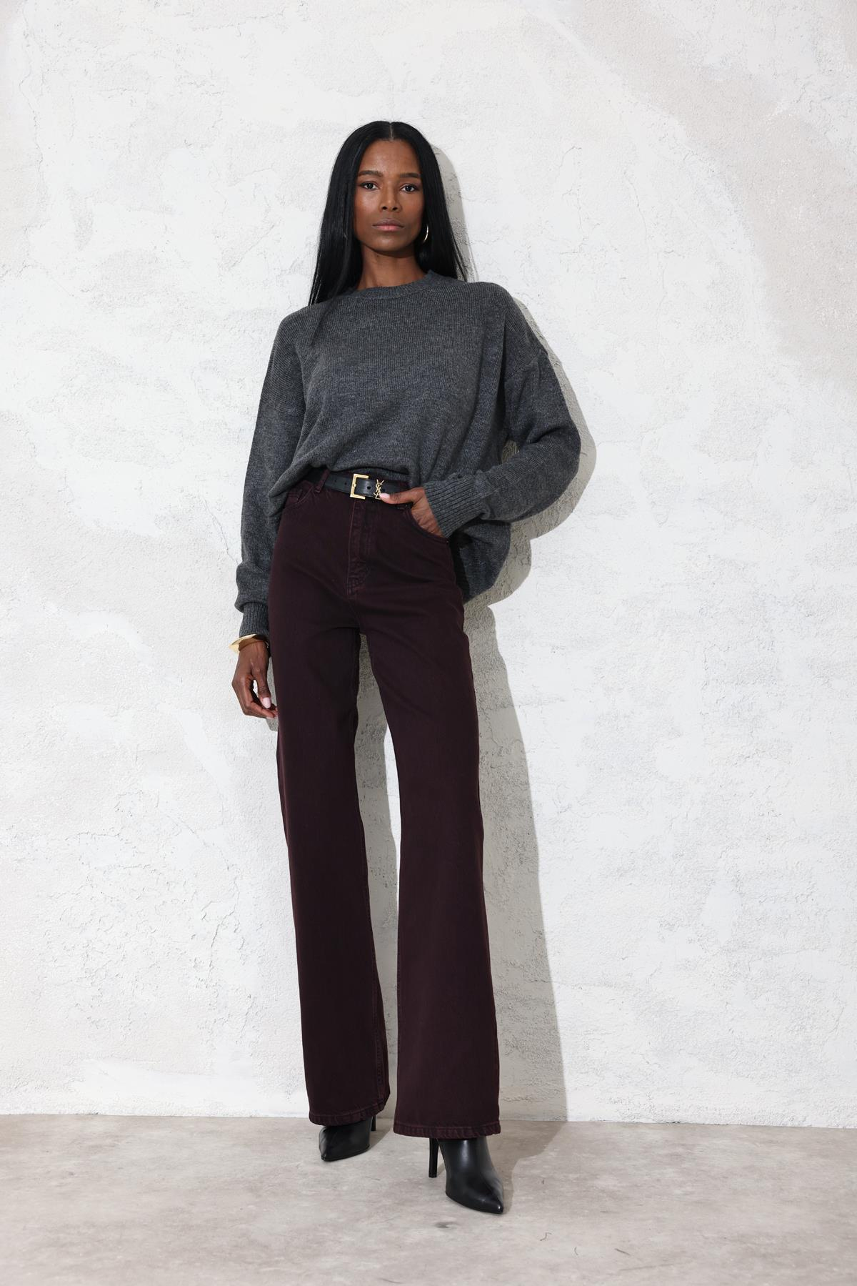 Bordo Yüksek Bel Wide Leg Jean 7714