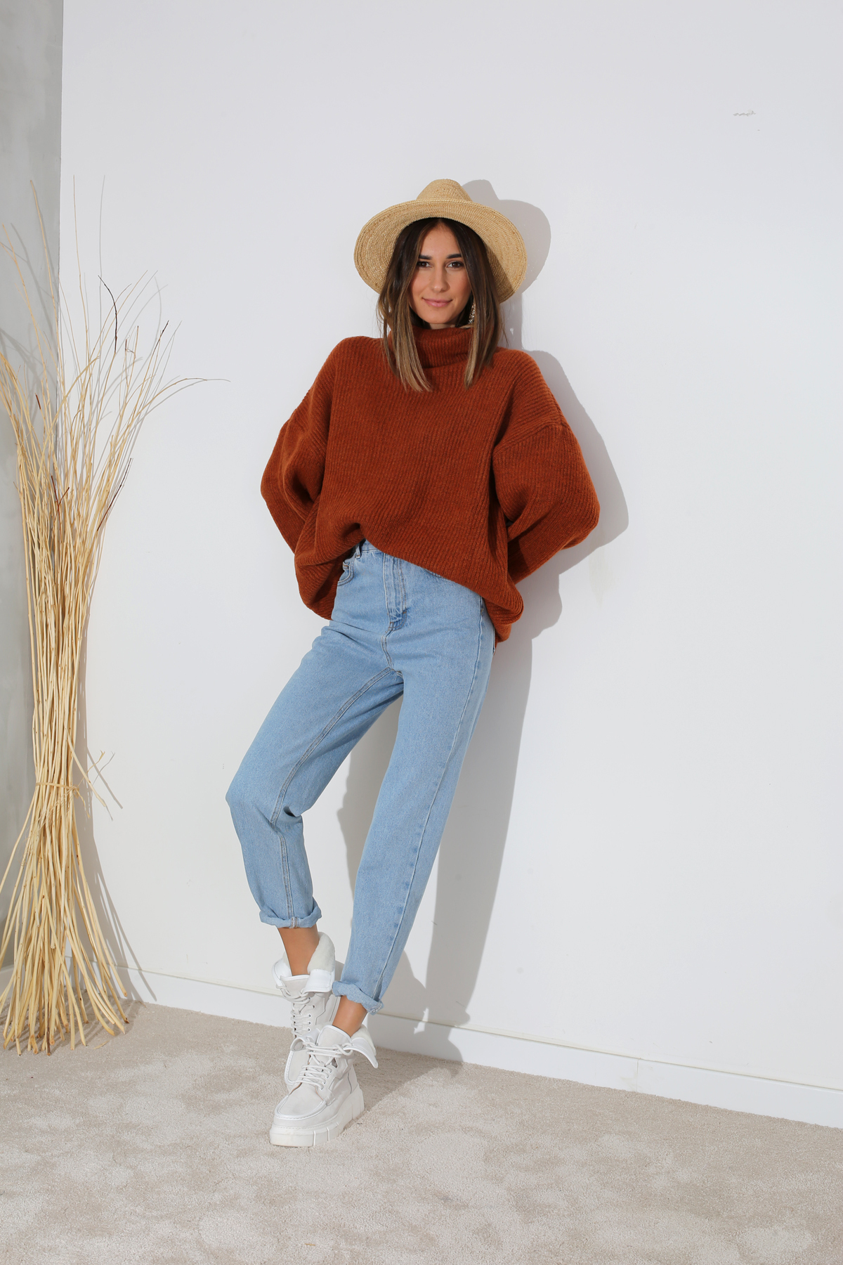 Buz Mavi Beli Lastikli Mom Fit