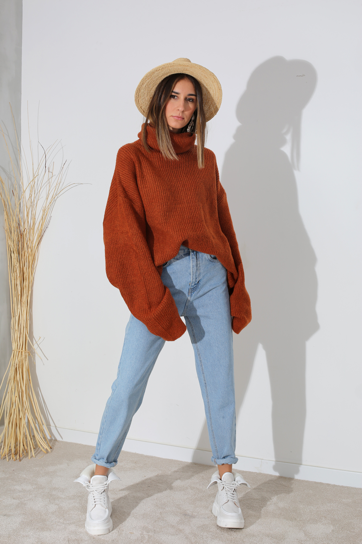 Buz Mavi Beli Lastikli Mom Fit