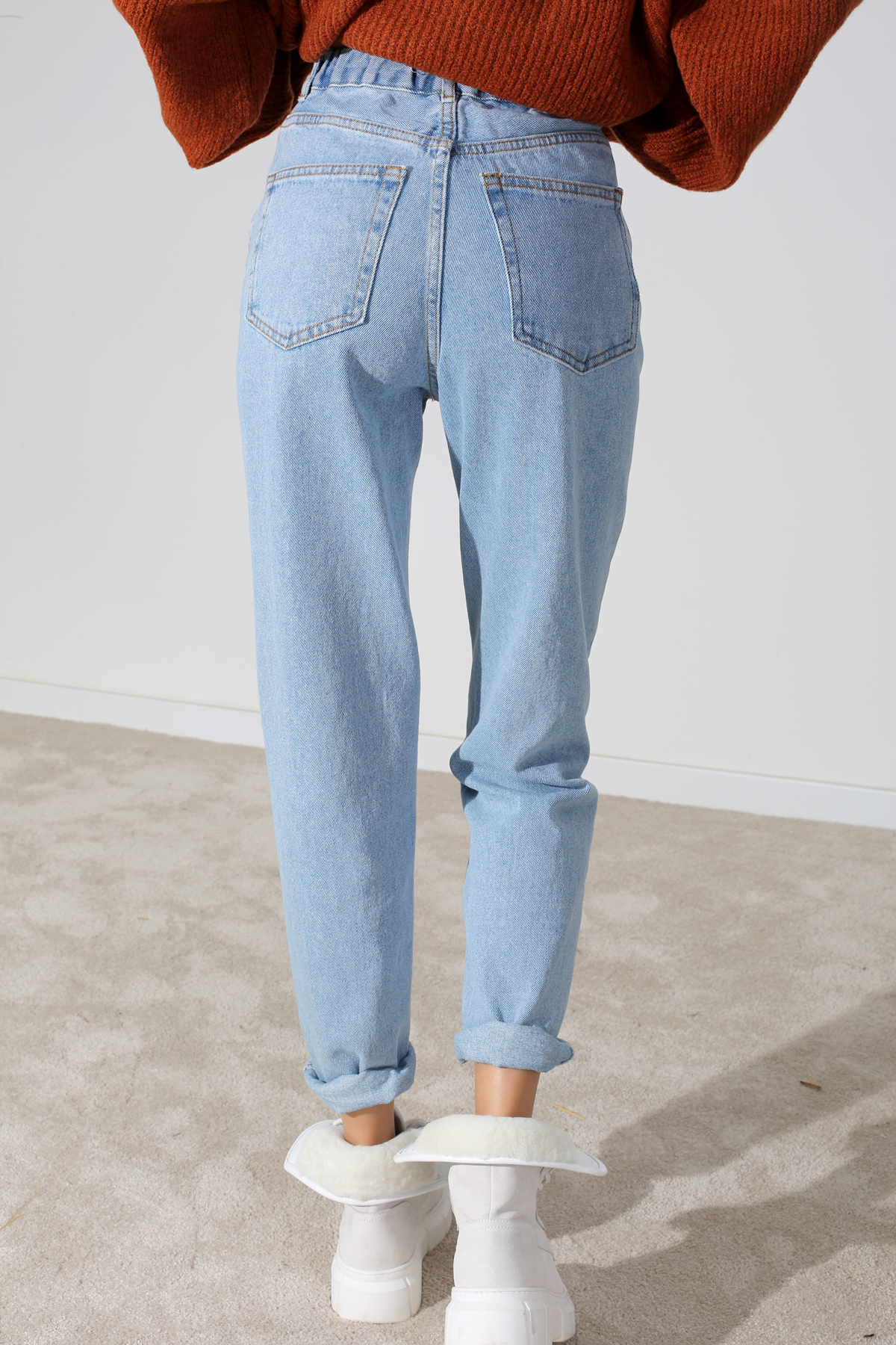 Buz Mavi Beli Lastikli Mom Fit