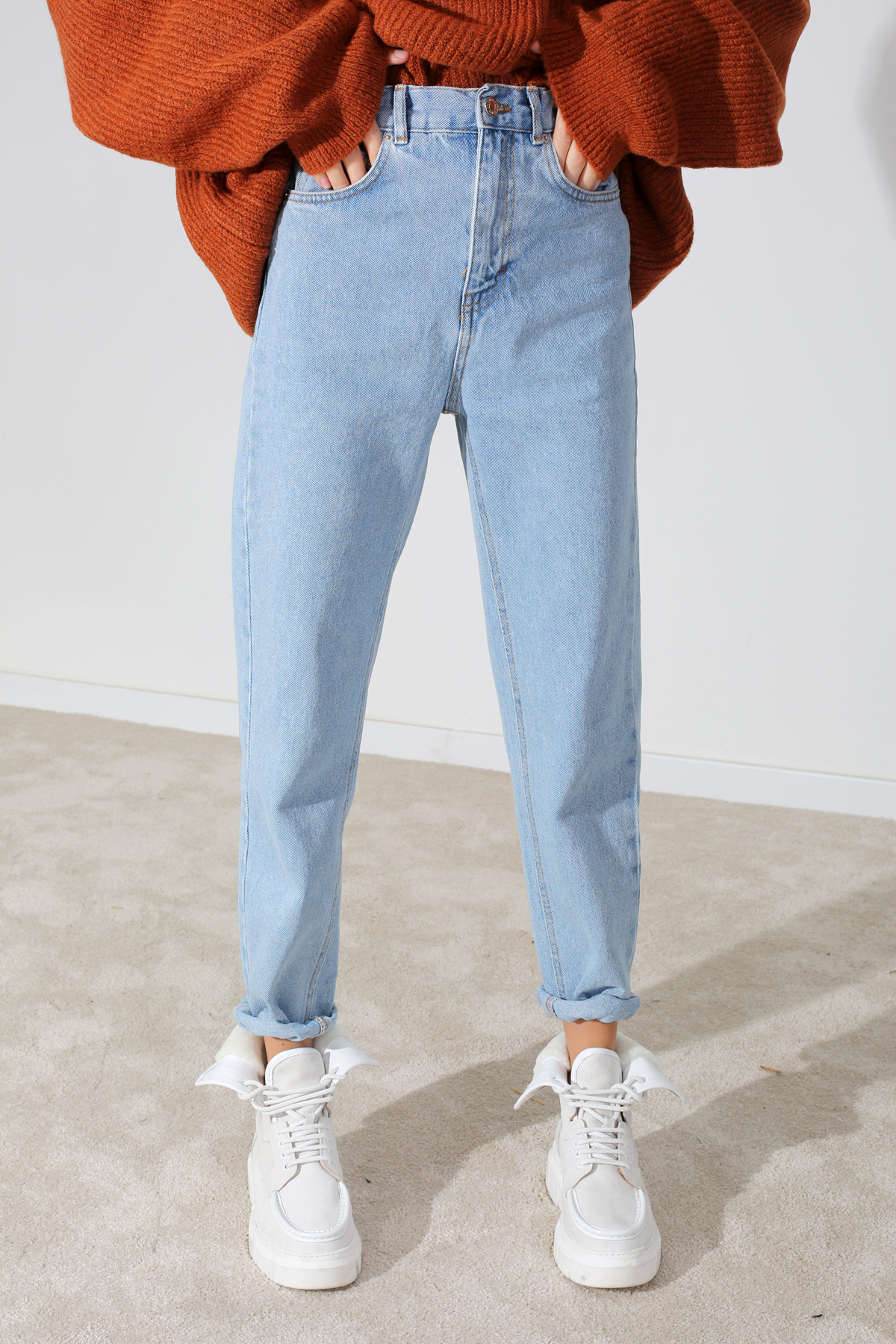 Buz Mavi Beli Lastikli Mom Fit