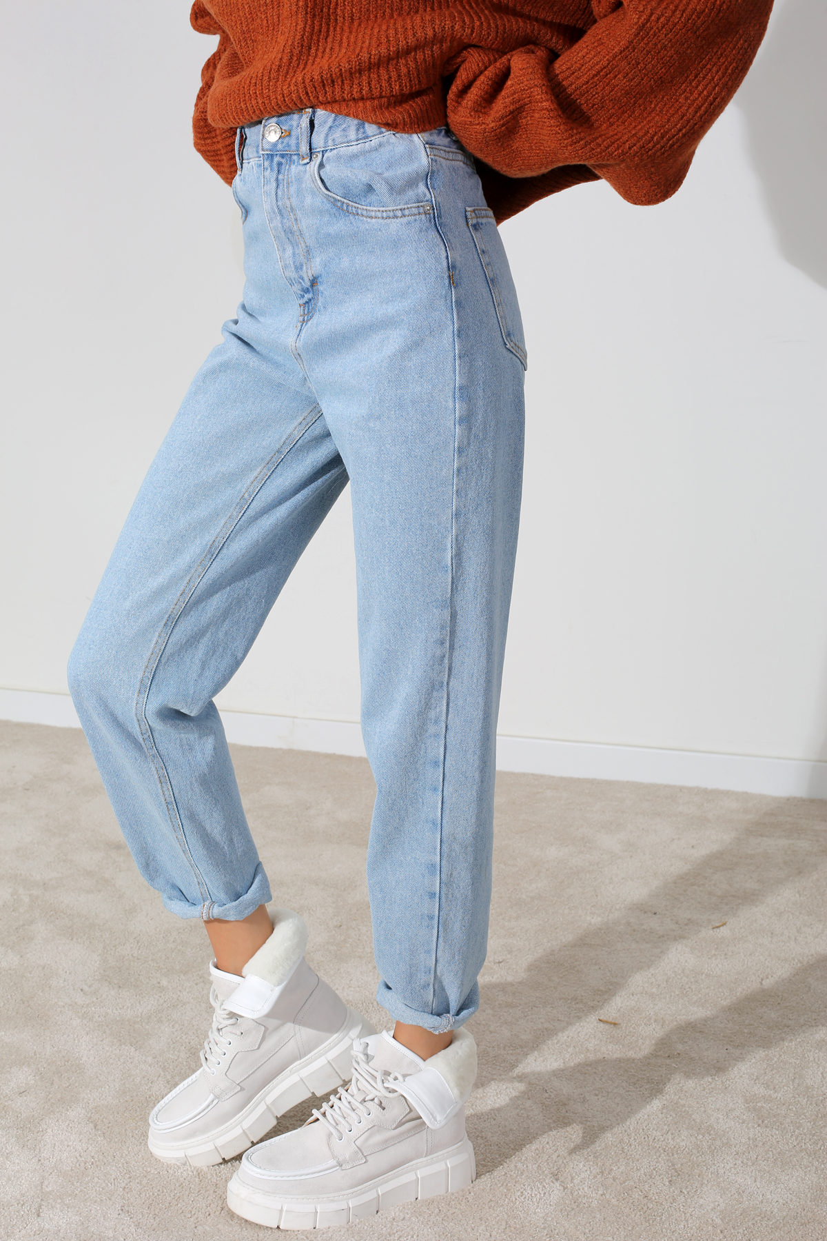Buz Mavi Beli Lastikli Mom Fit