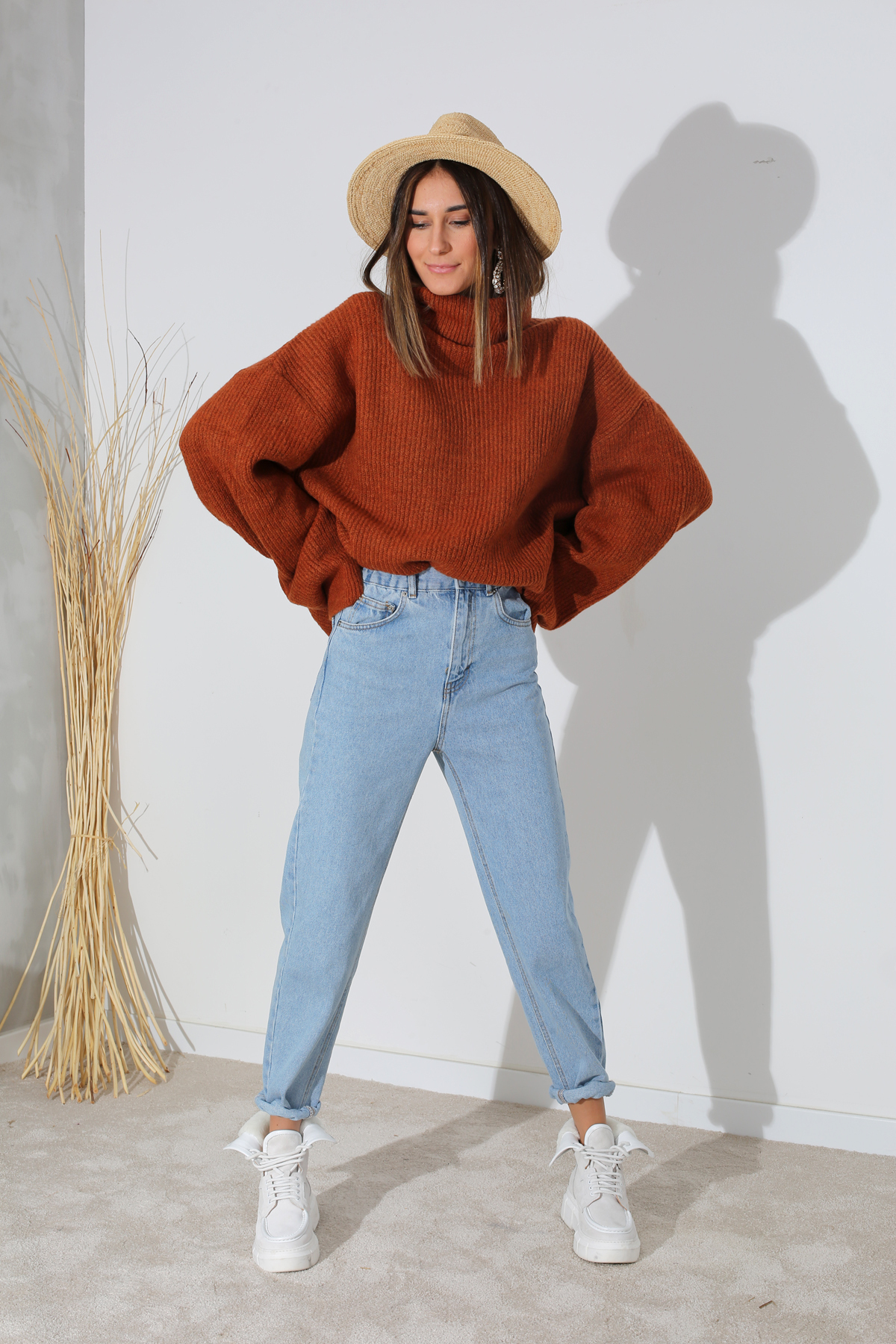 Buz Mavi Beli Lastikli Mom Fit