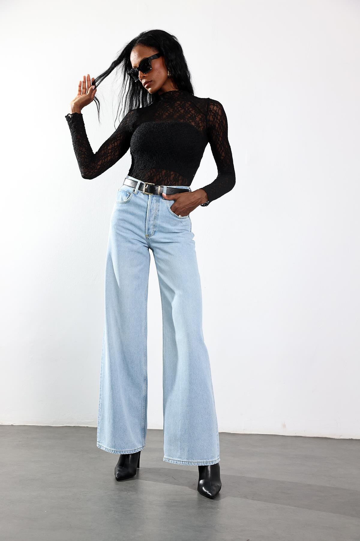 Buz Mavi Yüksek Bel Wide Leg Jean 