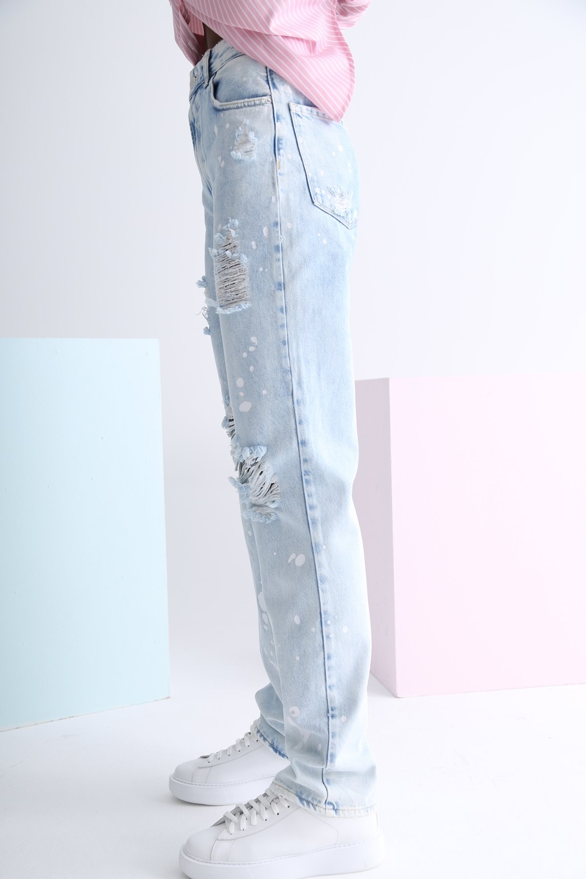 Buz Mavi Yüksek Bel Yırtıklı Wide Leg Jean 
