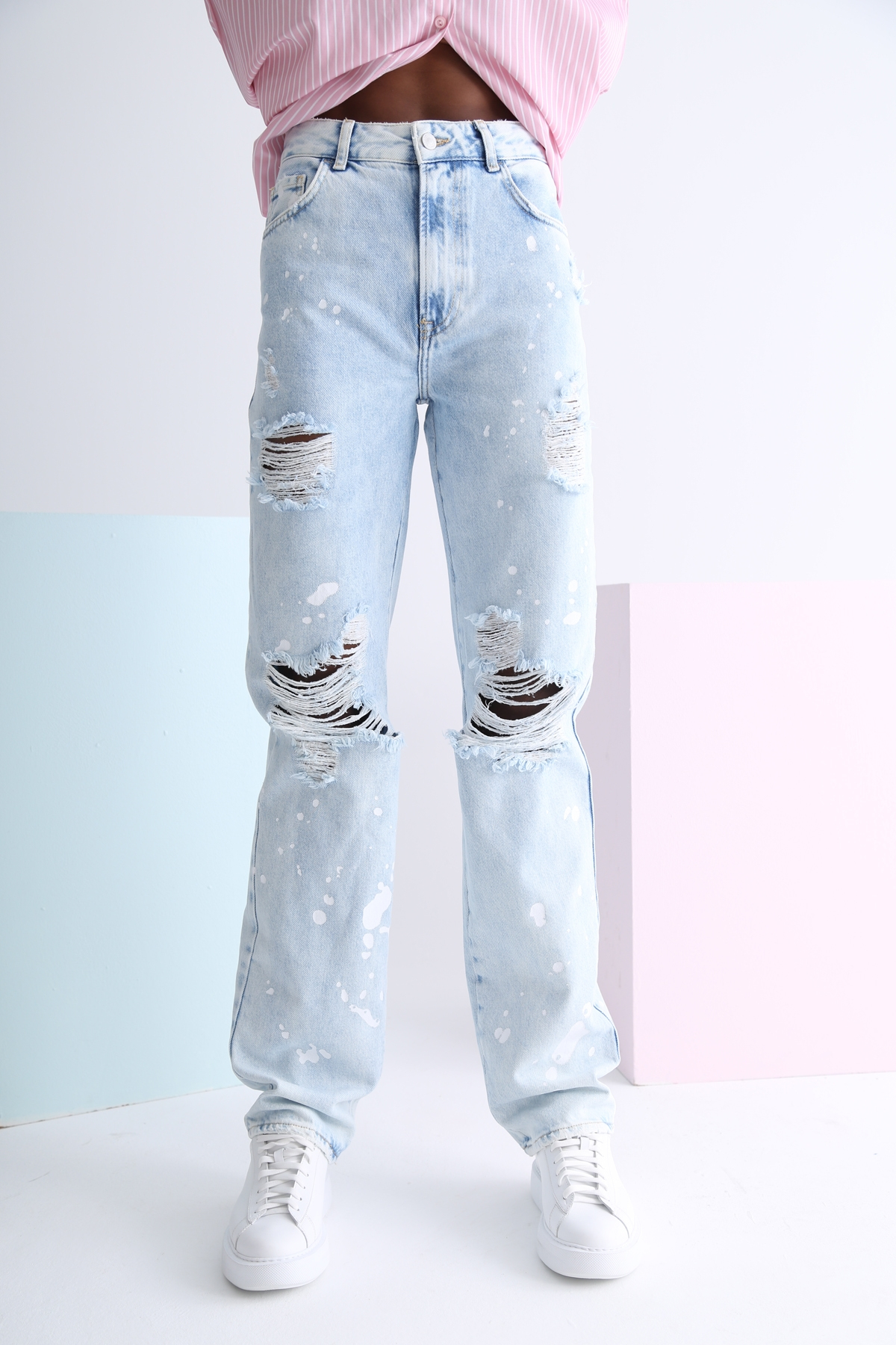 Buz Mavi Yüksek Bel Yırtıklı Wide Leg Jean 