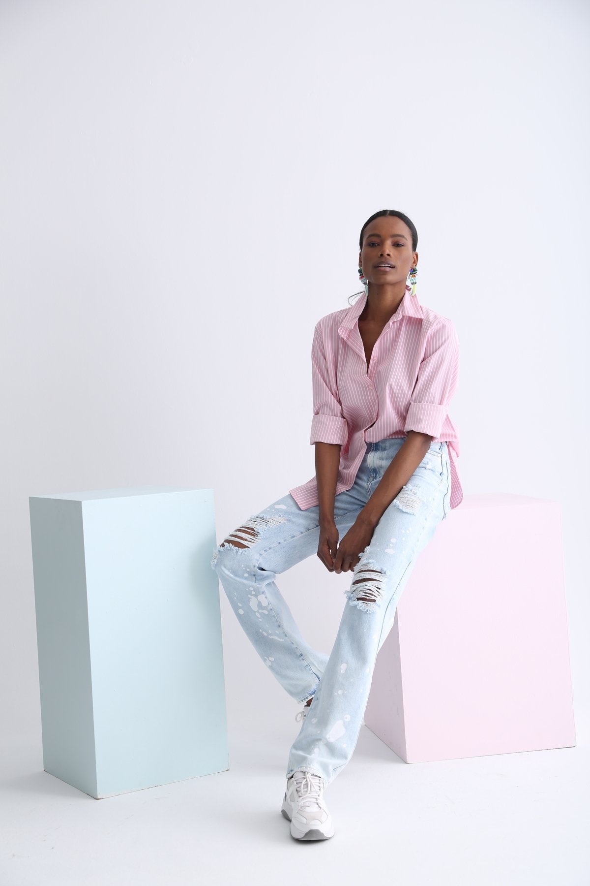 Buz Mavi Yüksek Bel Yırtıklı Wide Leg Jean 