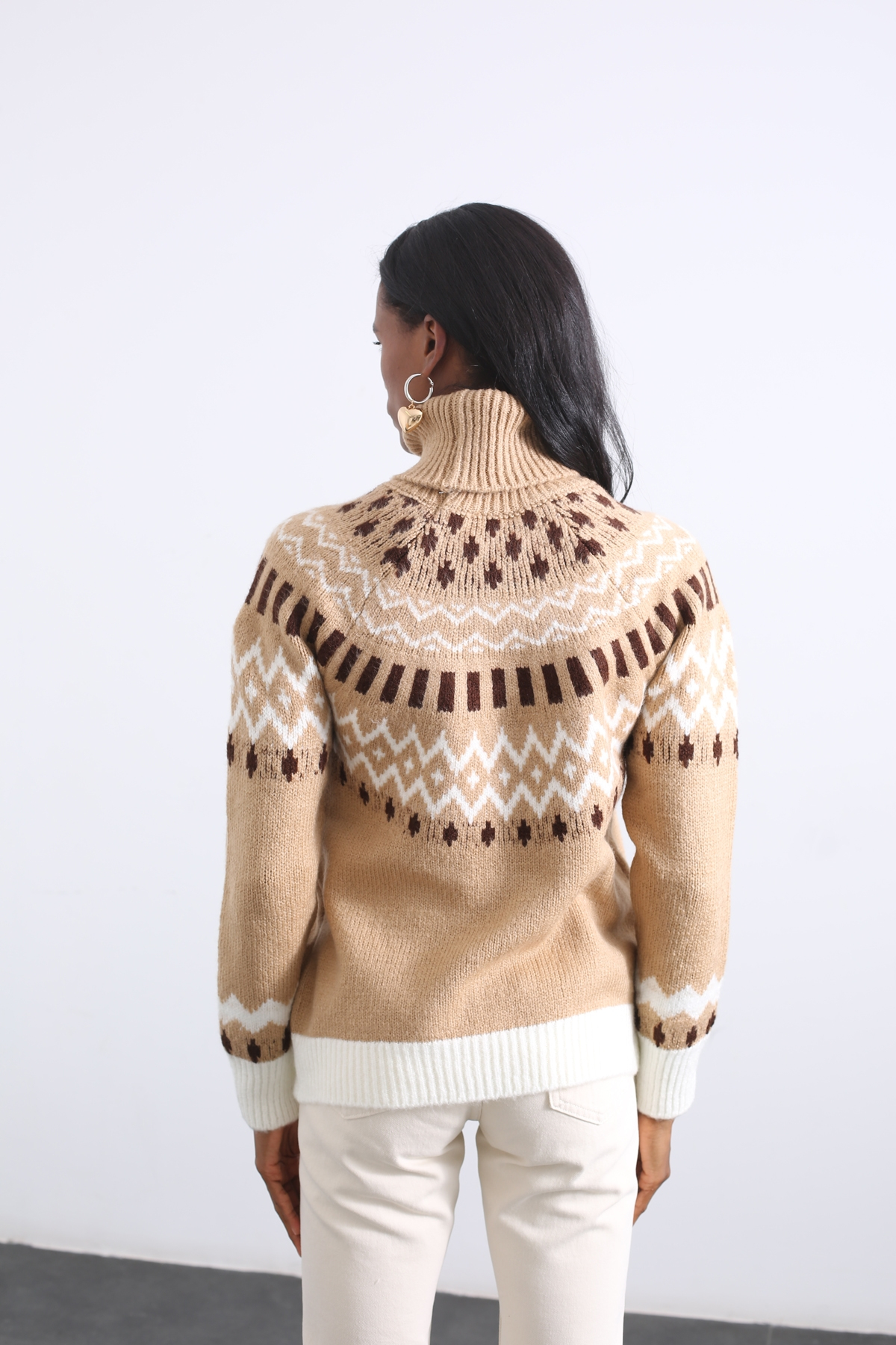 Camel Balıkçı Yaka Desenli Kazak 0598