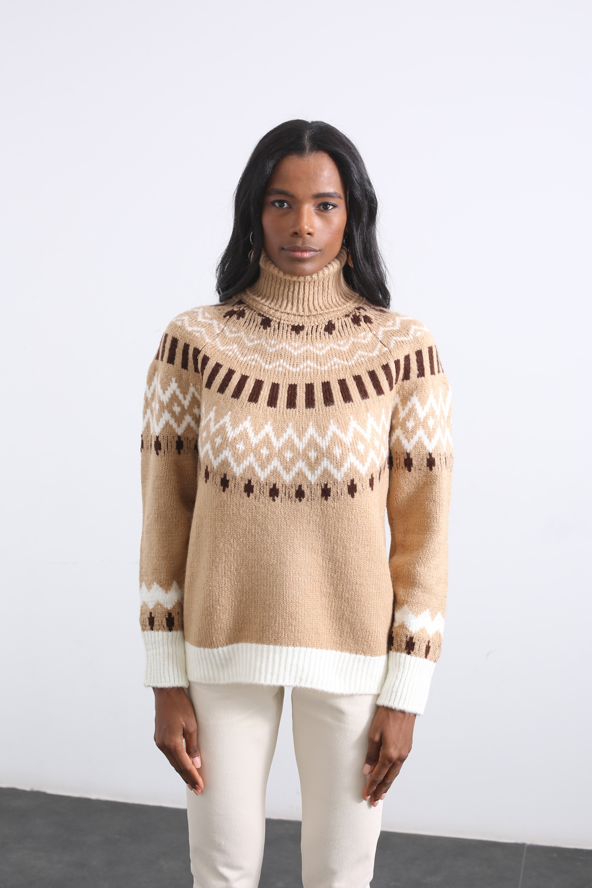 Camel Balıkçı Yaka Desenli Kazak 0598