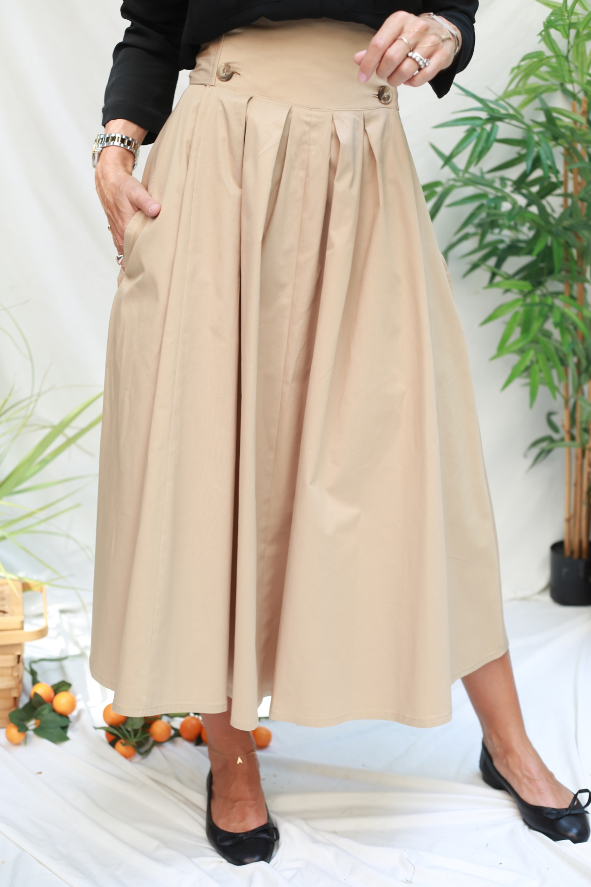 Camel Beli Bağlamalı Pileli Etek