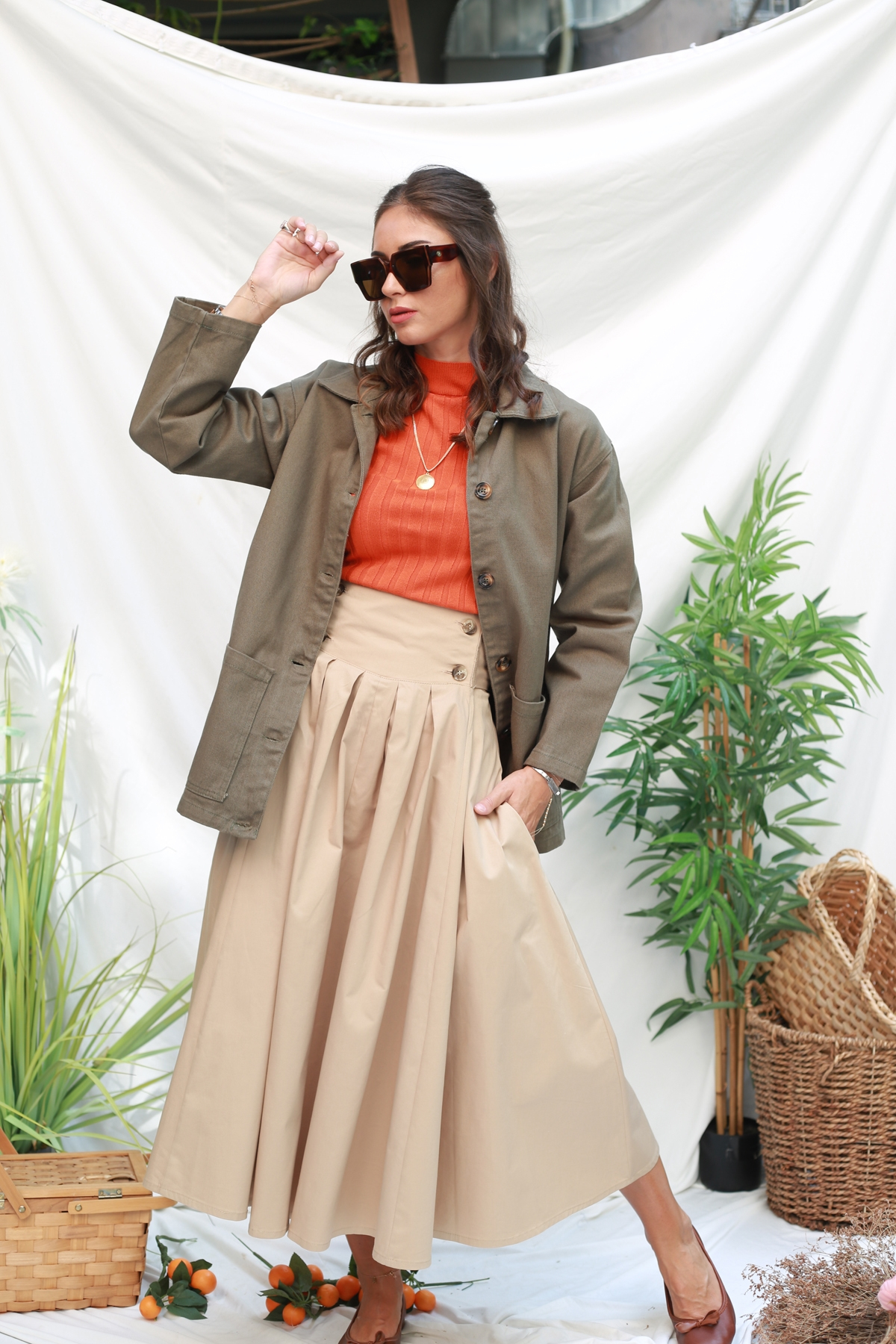 Camel Beli Bağlamalı Pileli Etek