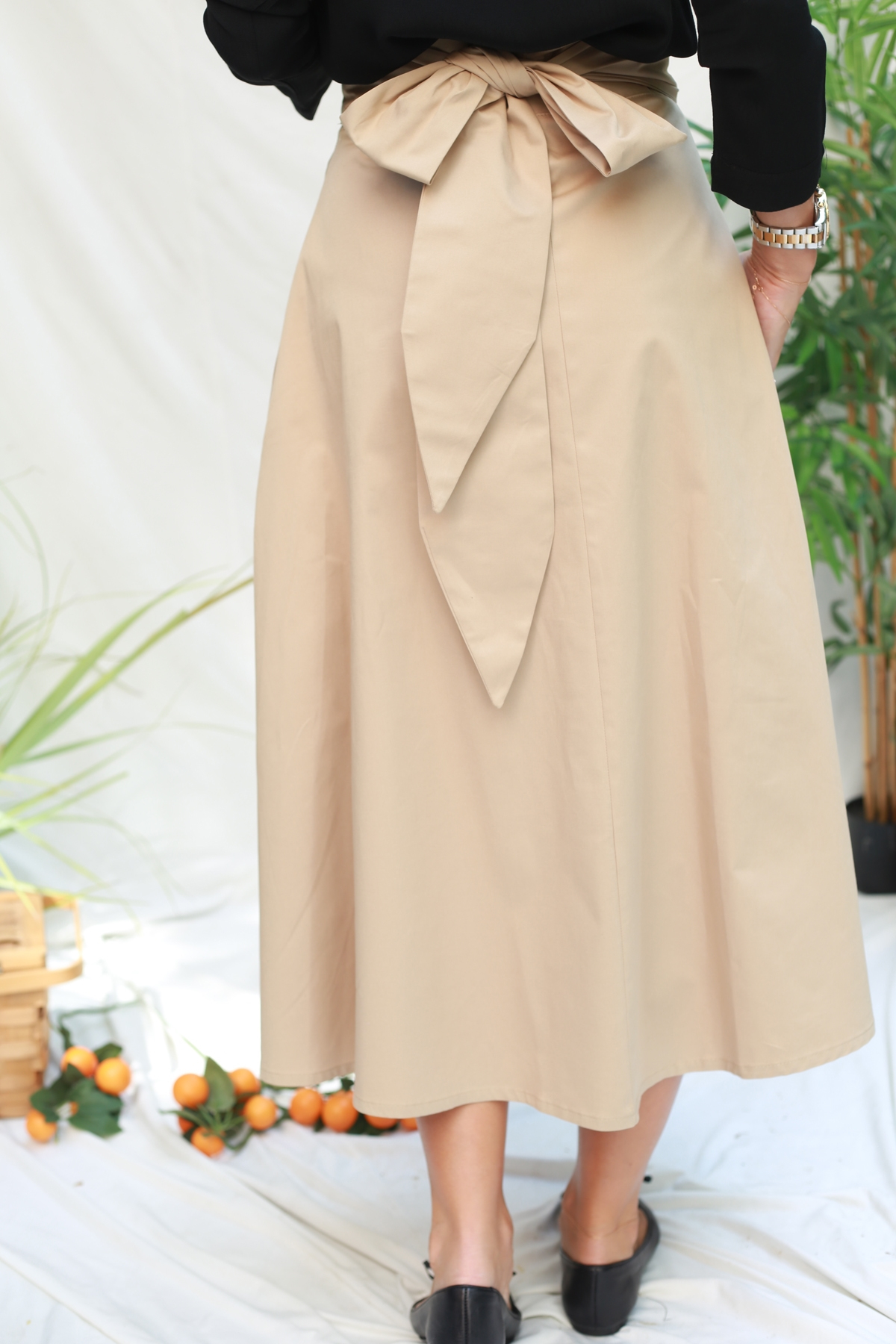 Camel Beli Bağlamalı Pileli Etek