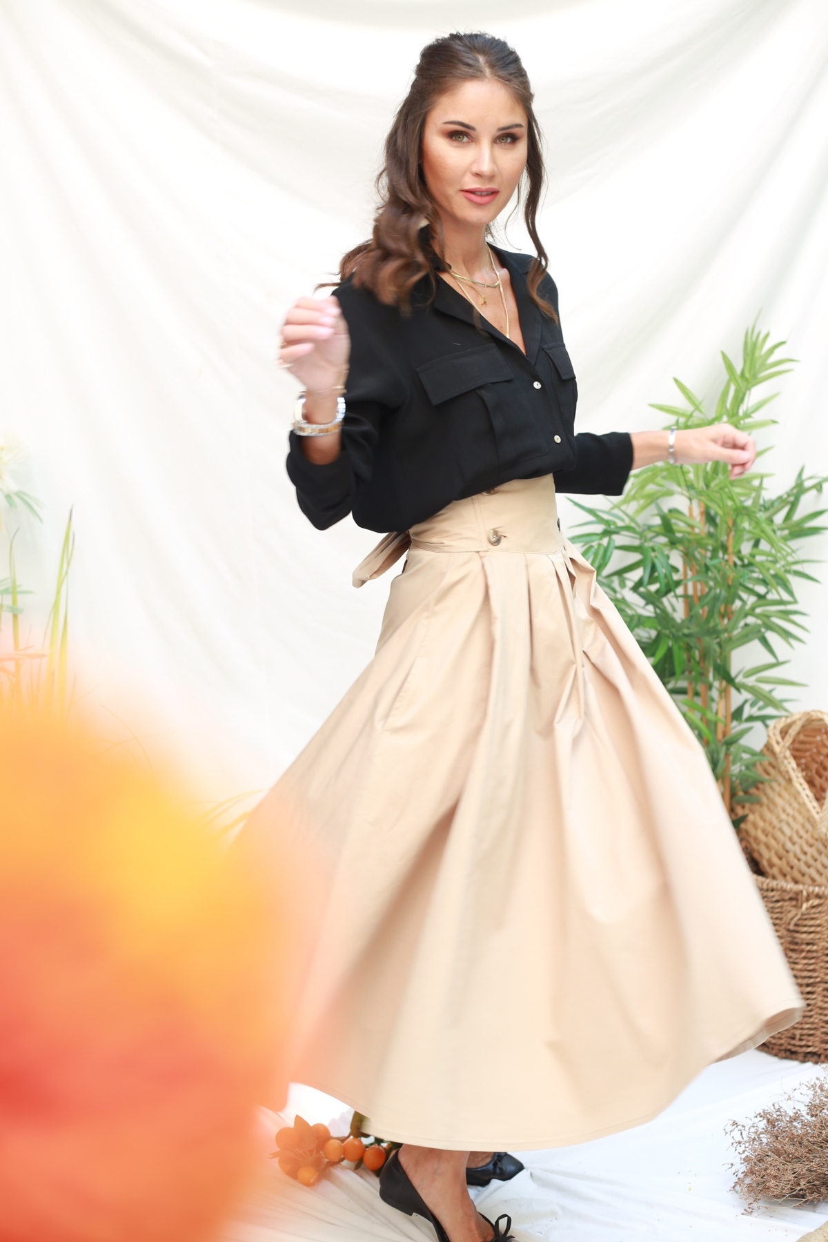 Camel Beli Bağlamalı Pileli Etek