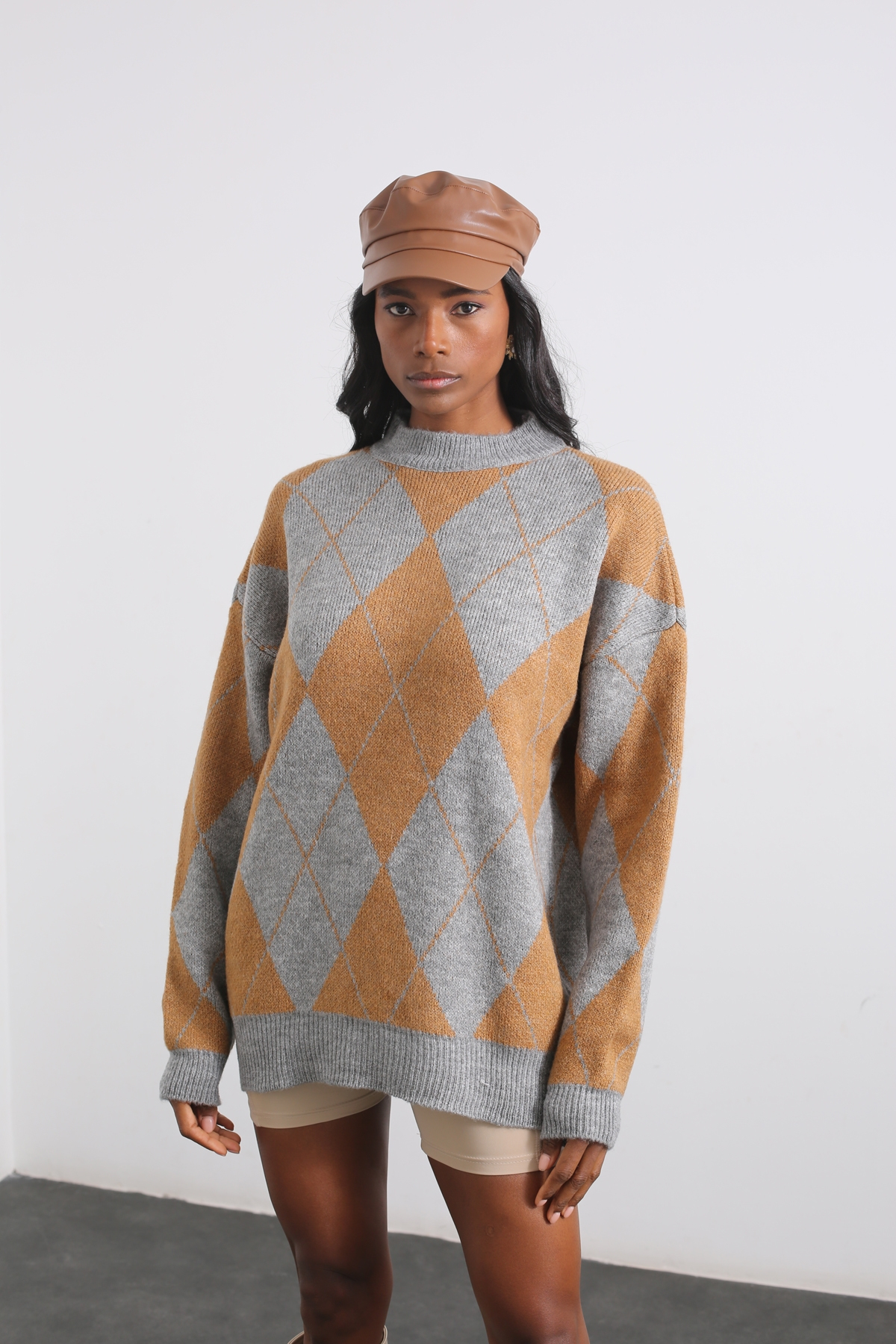 Camel Bisiklet Yaka Baklava Desenli Kazak 0593