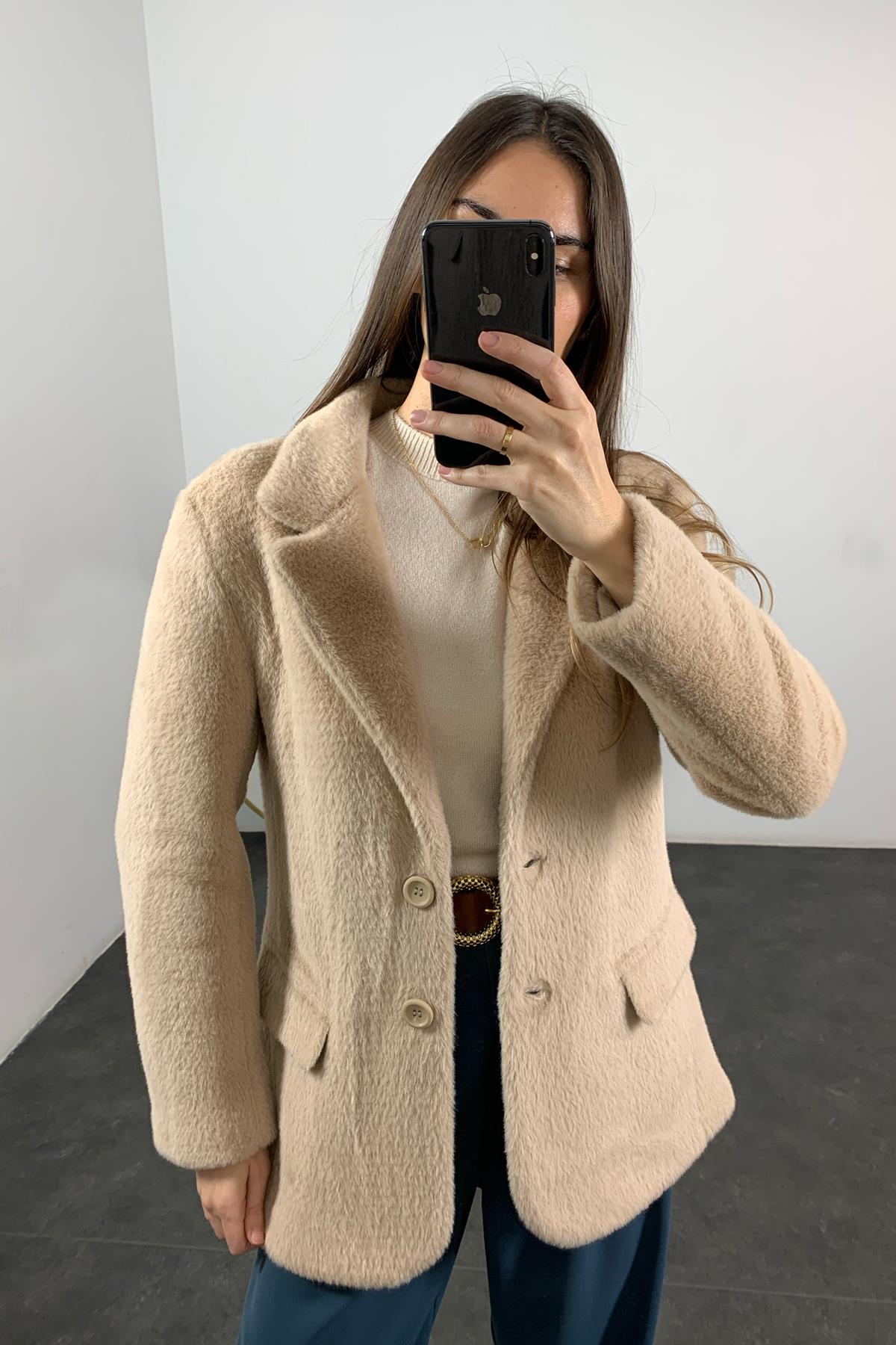 Camel Çift Düğmeli Alpaka Ceket 54480