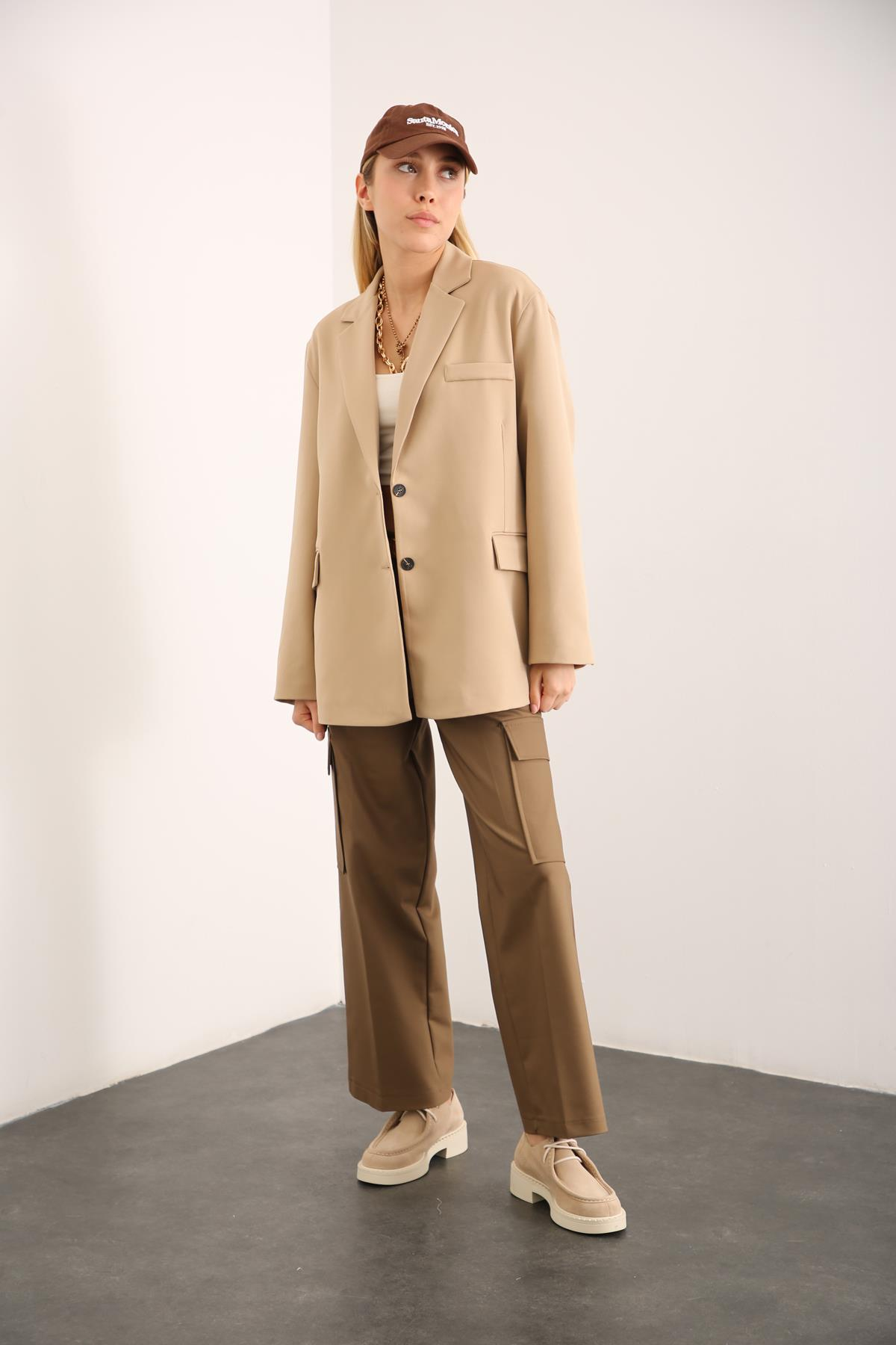 Camel Çift Düğmeli Blazer Ceket 54325
