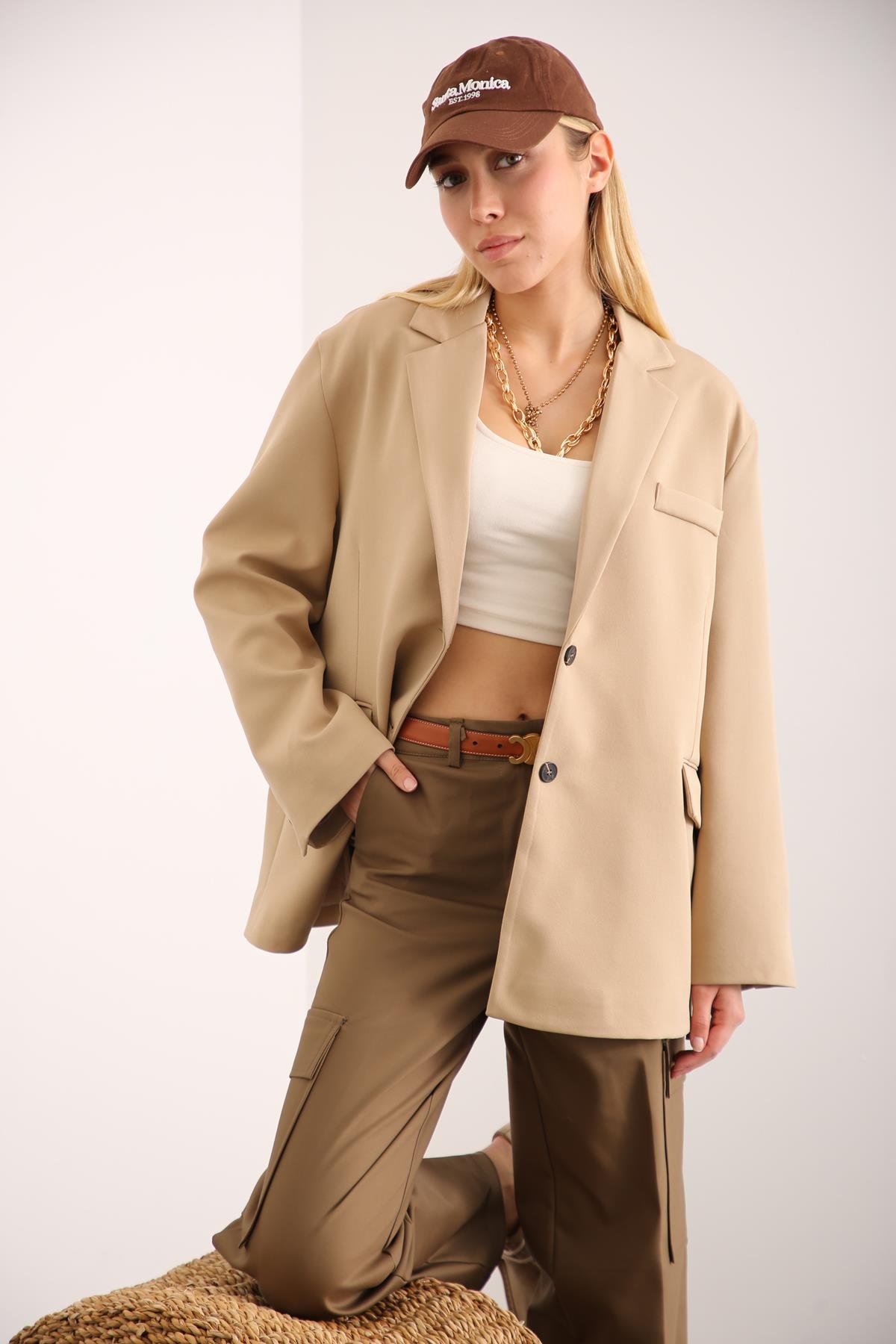 Camel Çift Düğmeli Blazer Ceket 54325