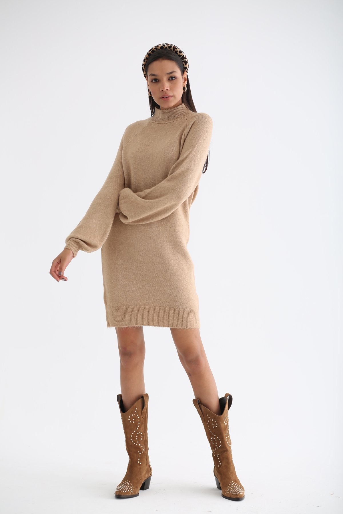 Camel Dik Yaka Triko Elbise 5596