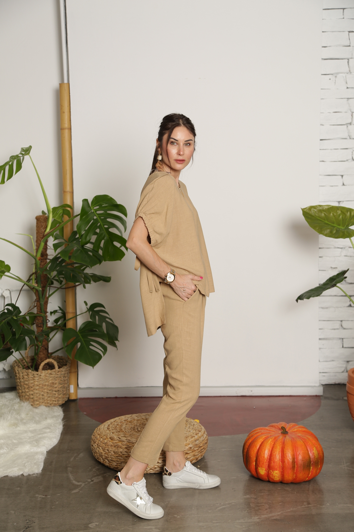 Camel Duble Paça Keten Pantolon 50145