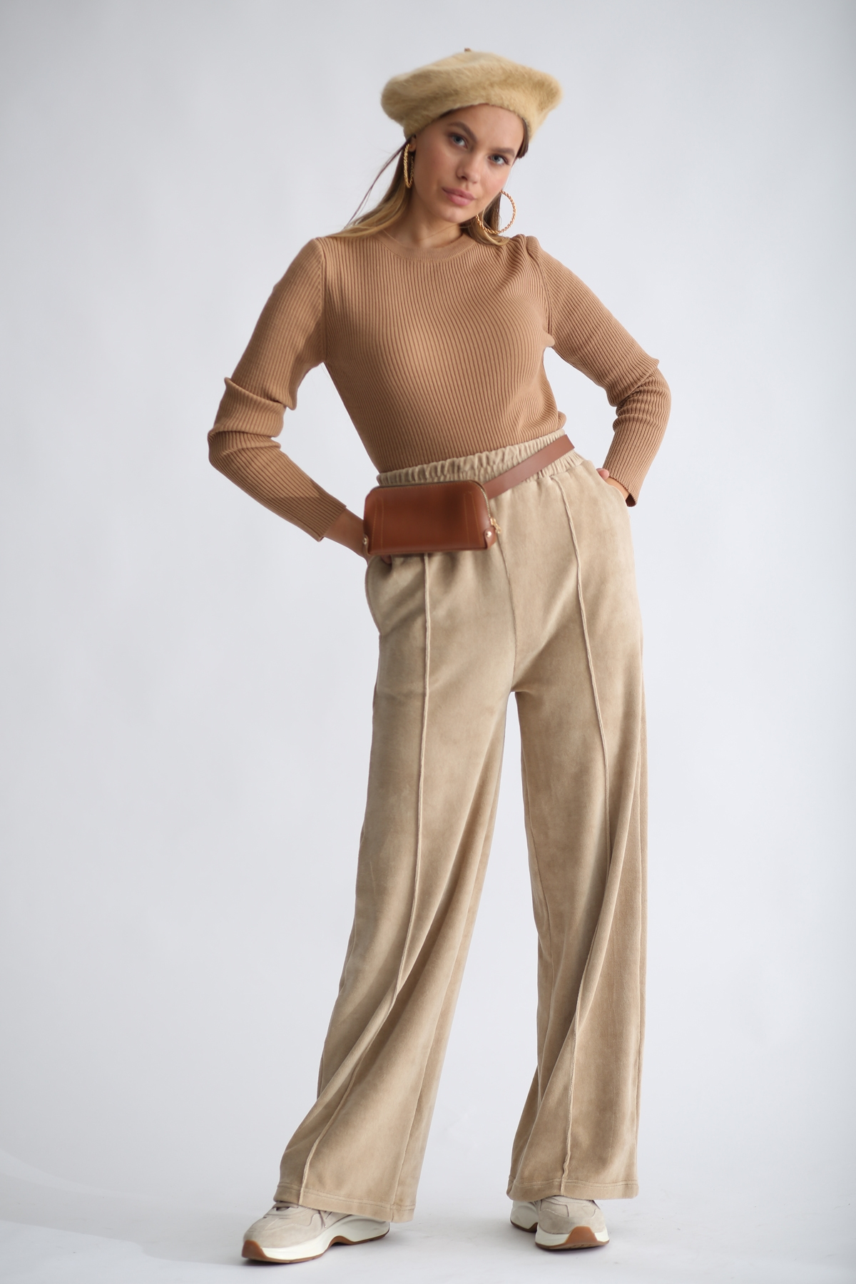 Camel Havlu Kadife Geniş Paça Pantolon 33078