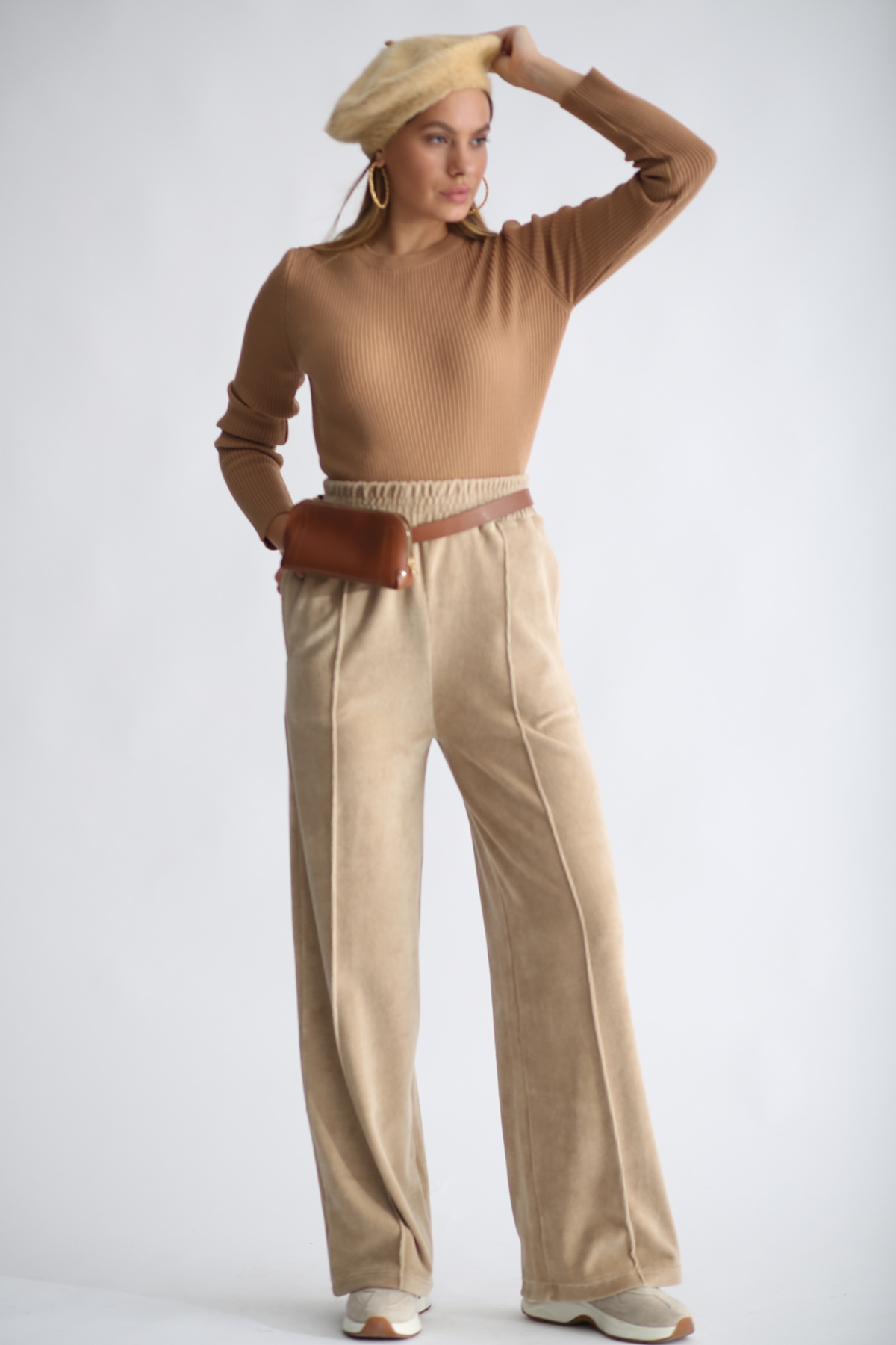Camel Havlu Kadife Geniş Paça Pantolon 33078