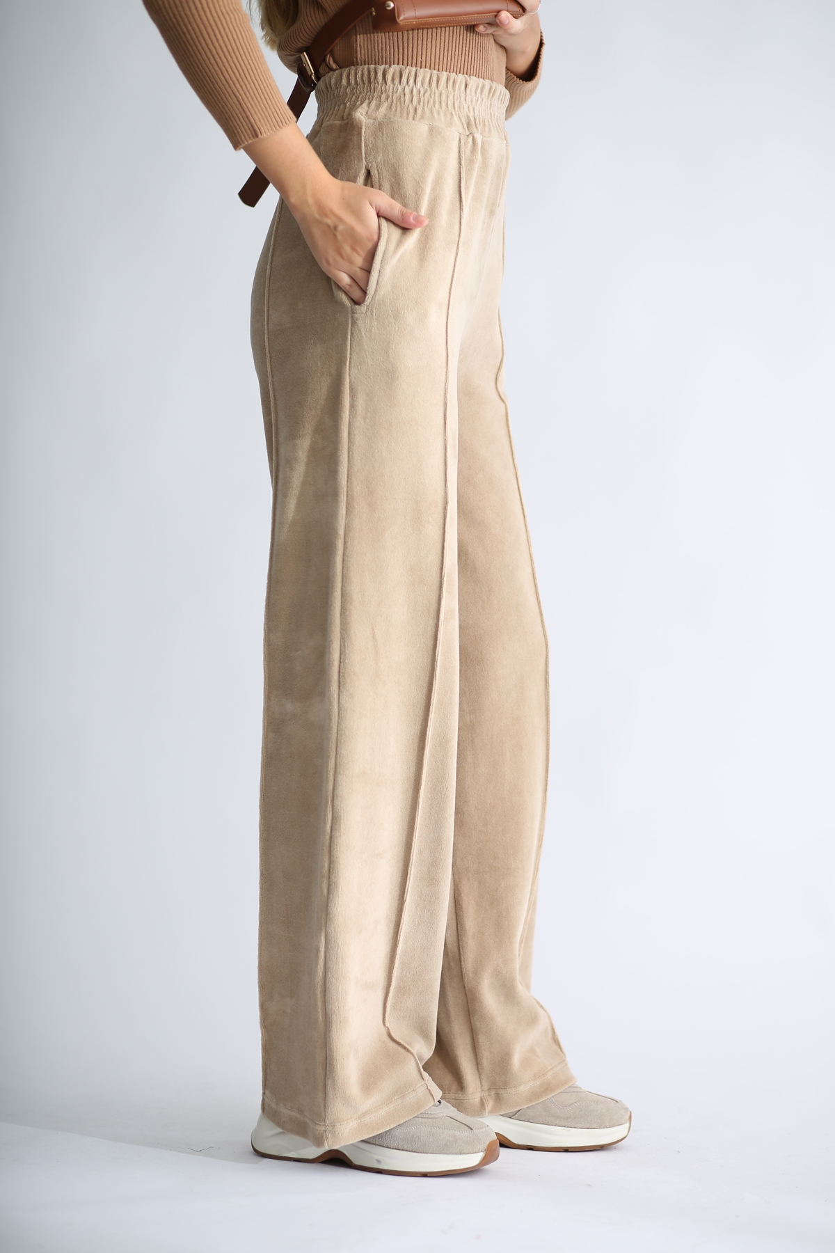 Camel Havlu Kadife Geniş Paça Pantolon 33078