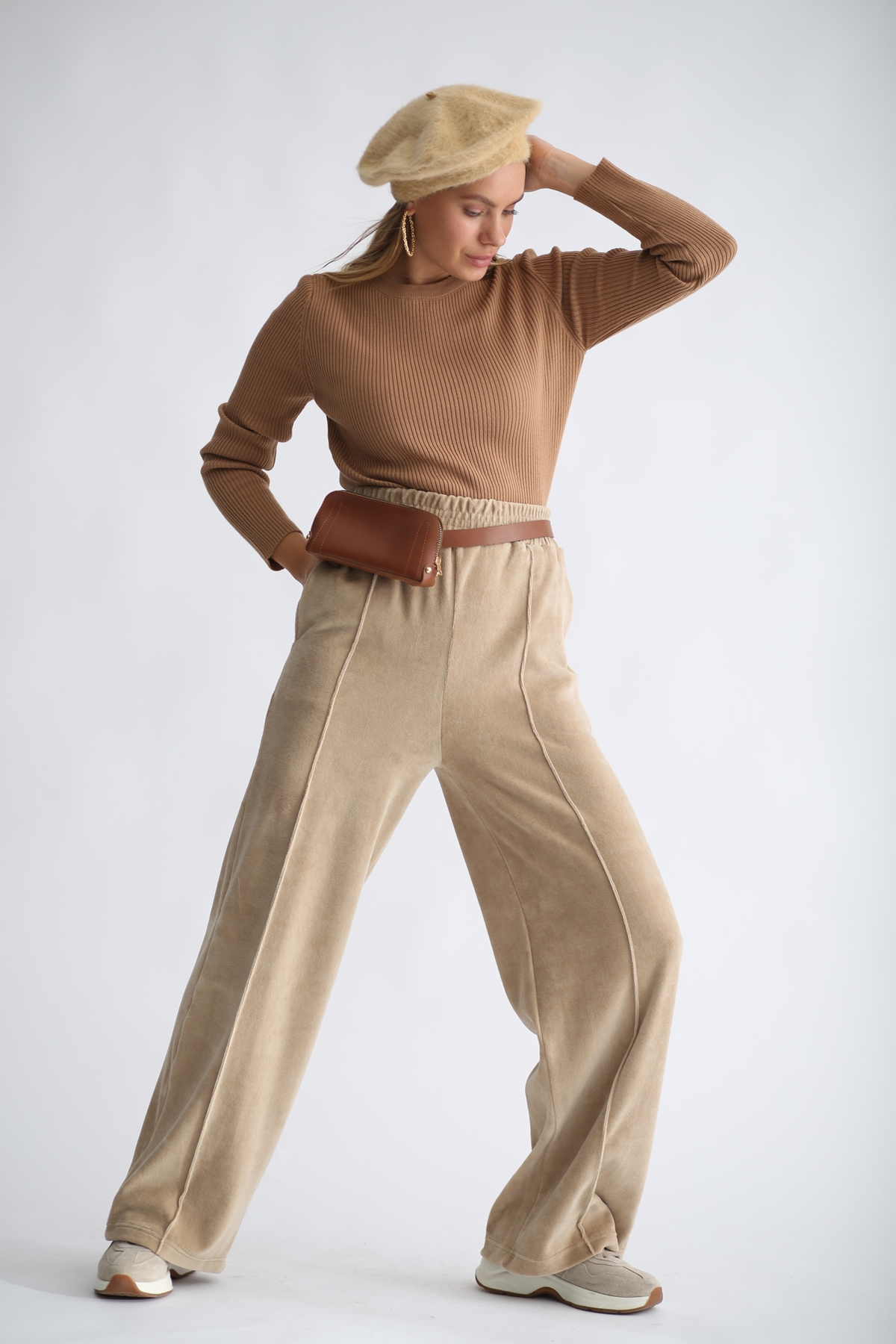 Camel Havlu Kadife Geniş Paça Pantolon 33078