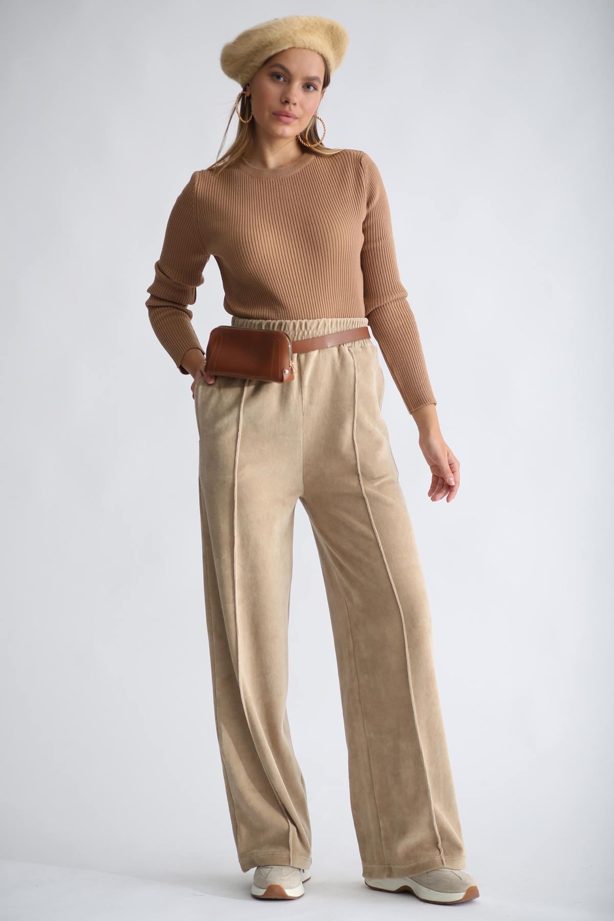Camel Havlu Kadife Geniş Paça Pantolon 33078
