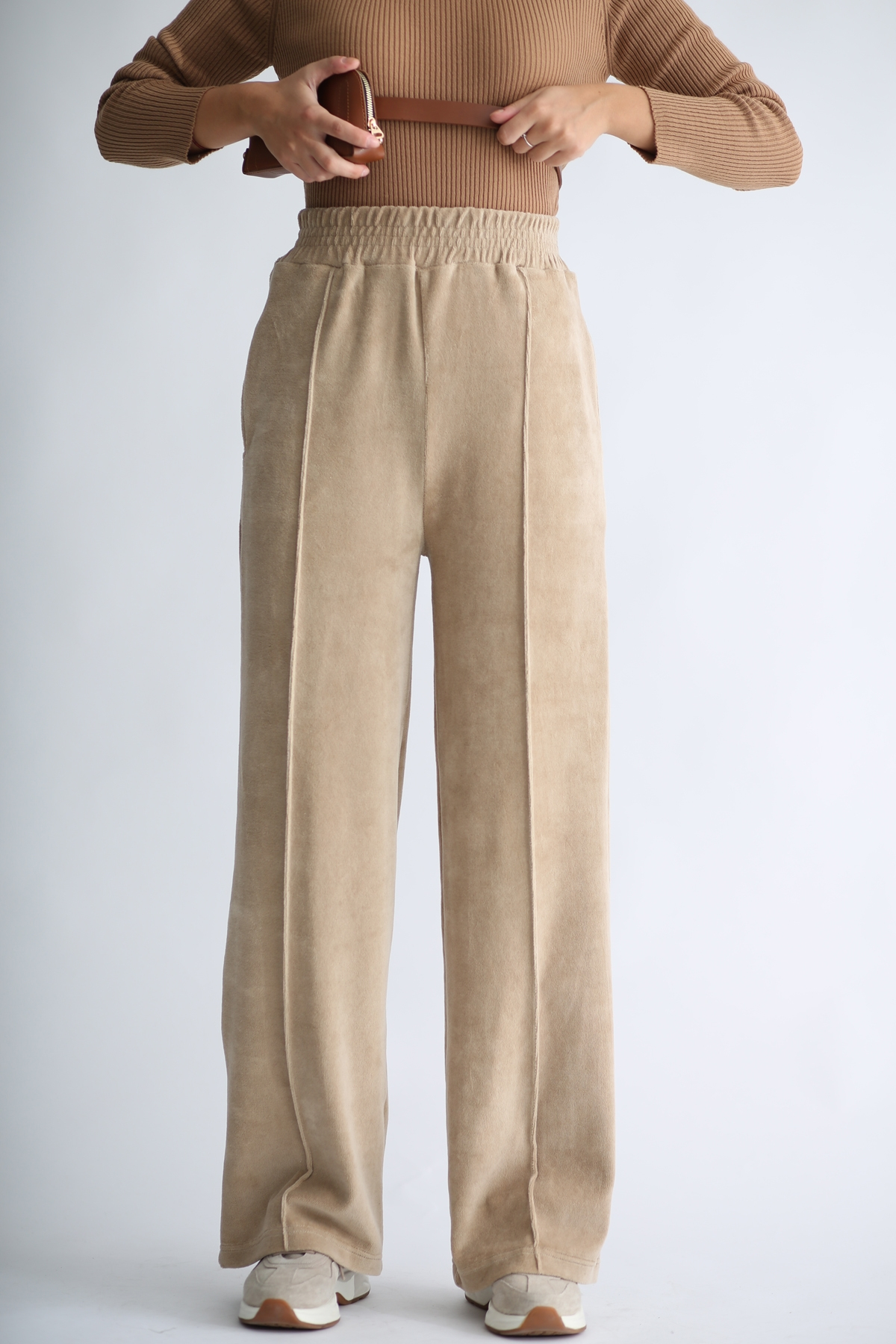Camel Havlu Kadife Geniş Paça Pantolon 33078
