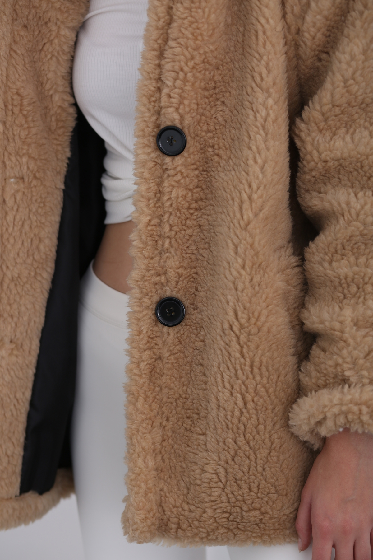 Camel Kapüşonlu Peluş Kaban 
