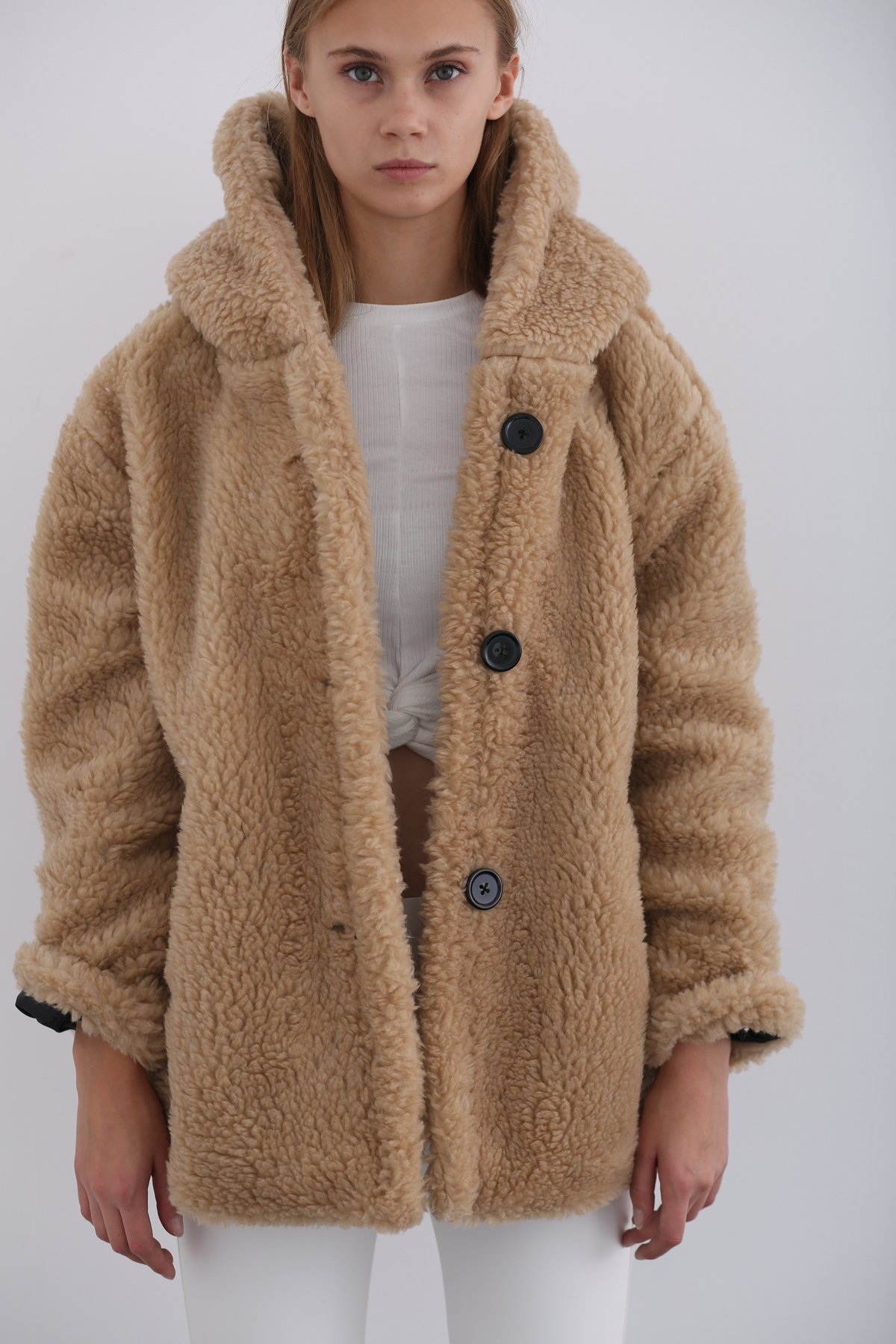 Camel Kapüşonlu Peluş Kaban 