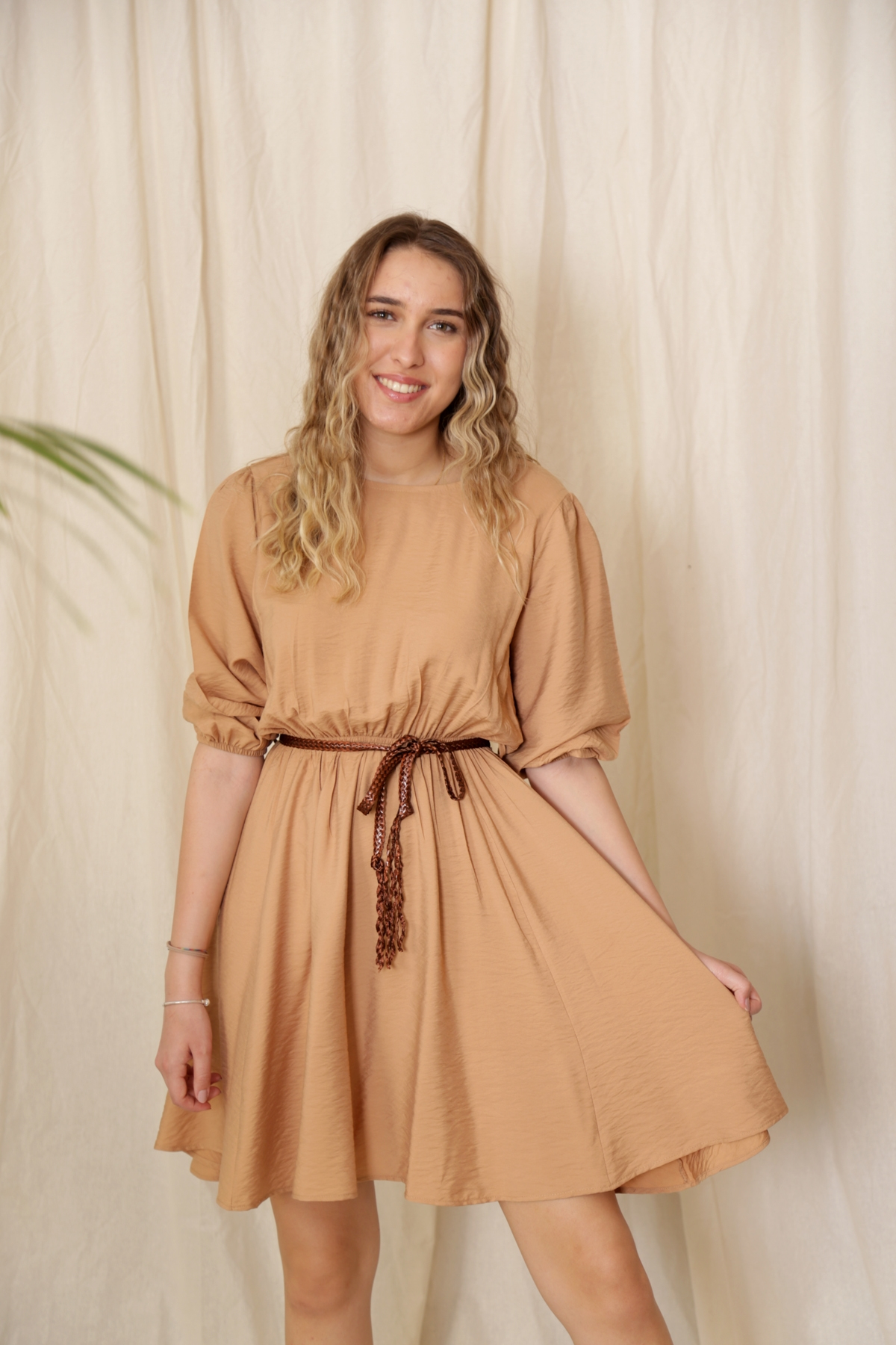 Camel Kemer Detaylı Beli Lastikli Elbise 