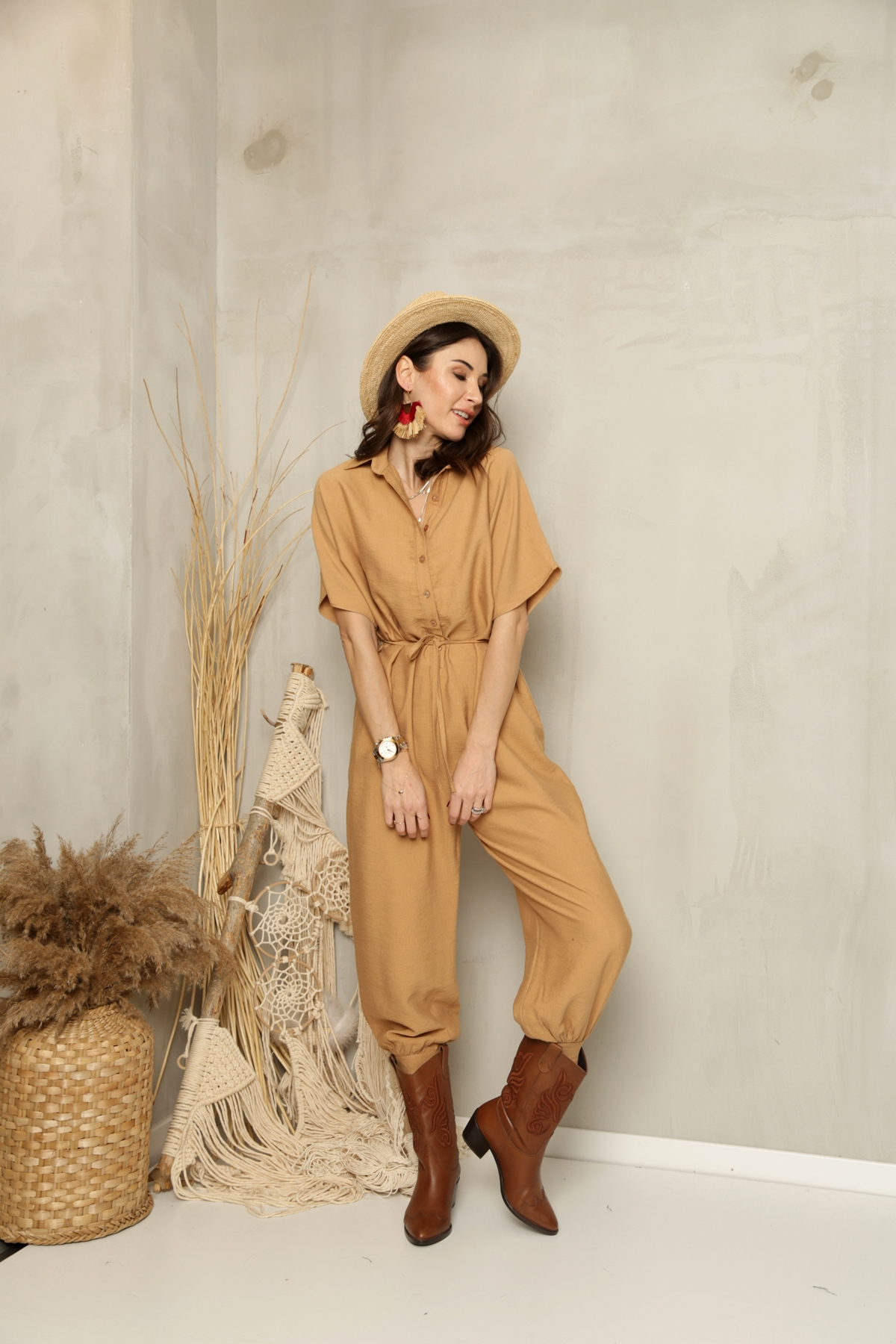 Camel Kısa Kol Kuşaklı Salaş Tulum 