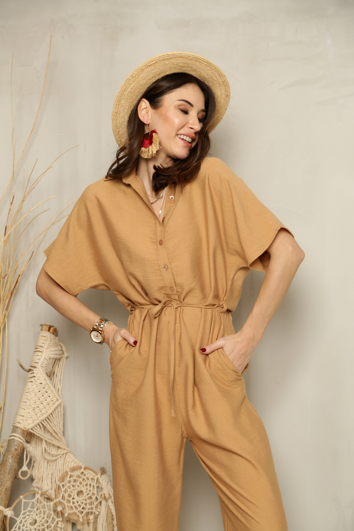 Camel Kısa Kol Kuşaklı Salaş Tulum 