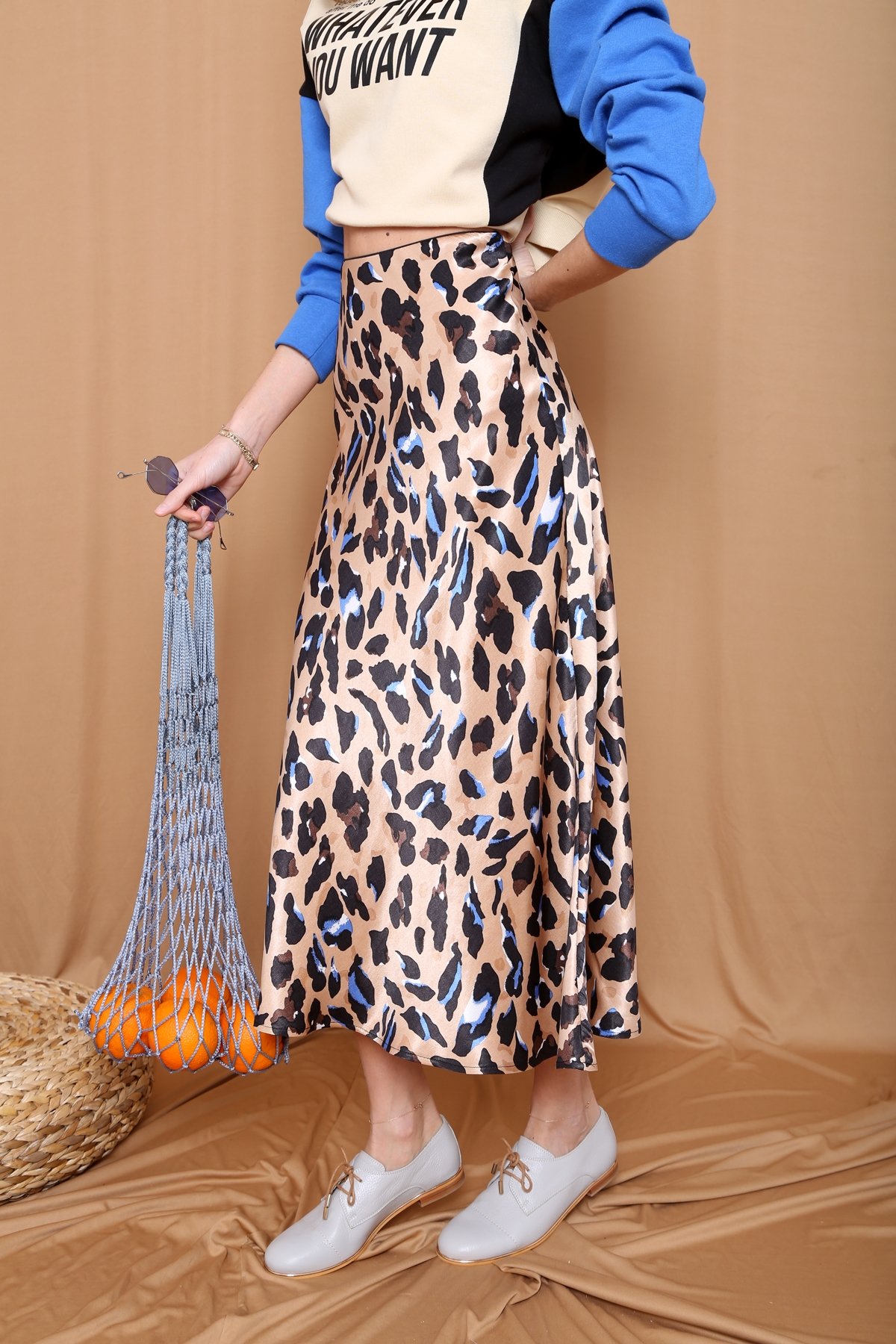 Camel Leopar Desen Volanlı Saten Etek