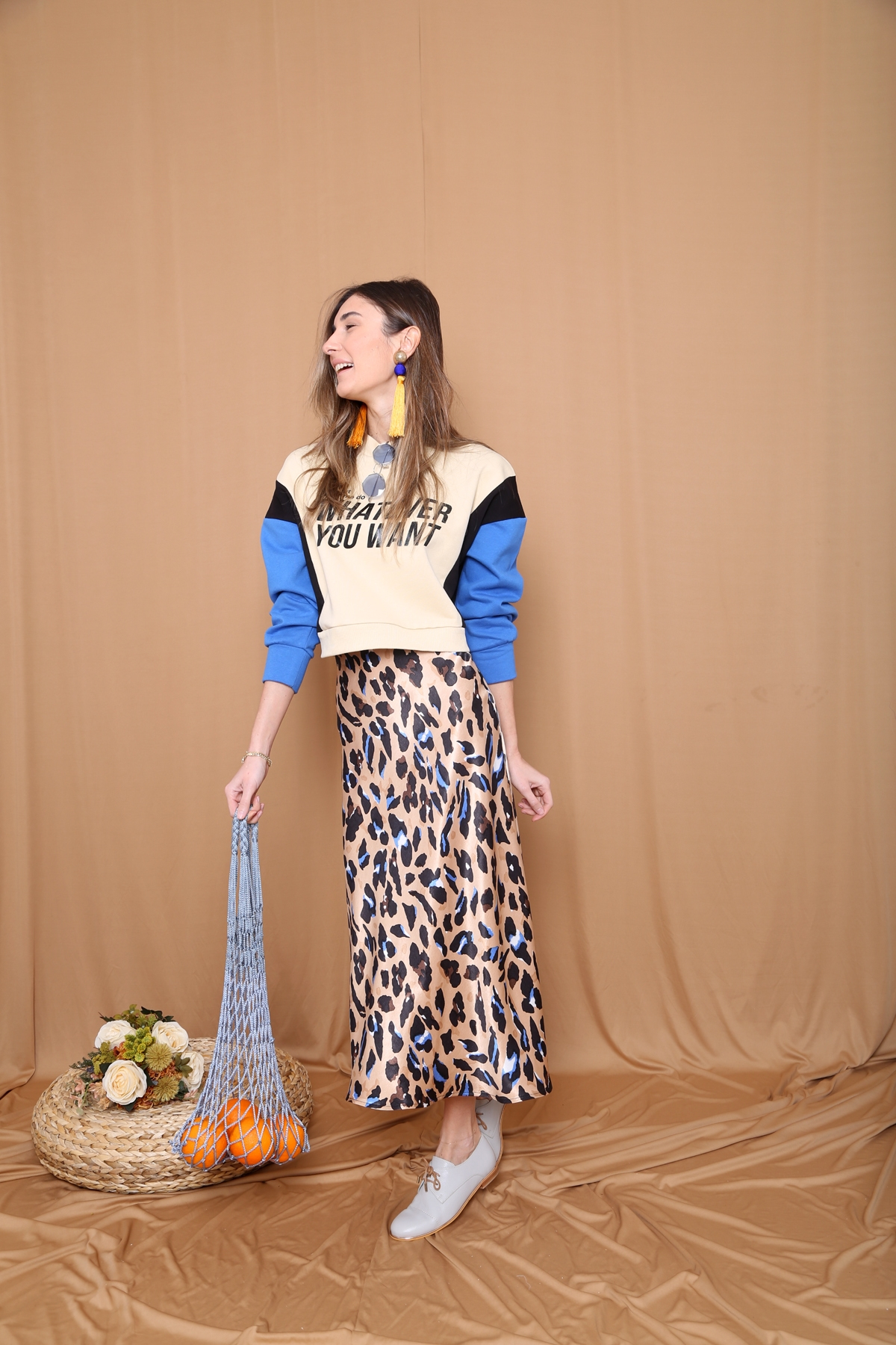 Camel Leopar Desen Volanlı Saten Etek