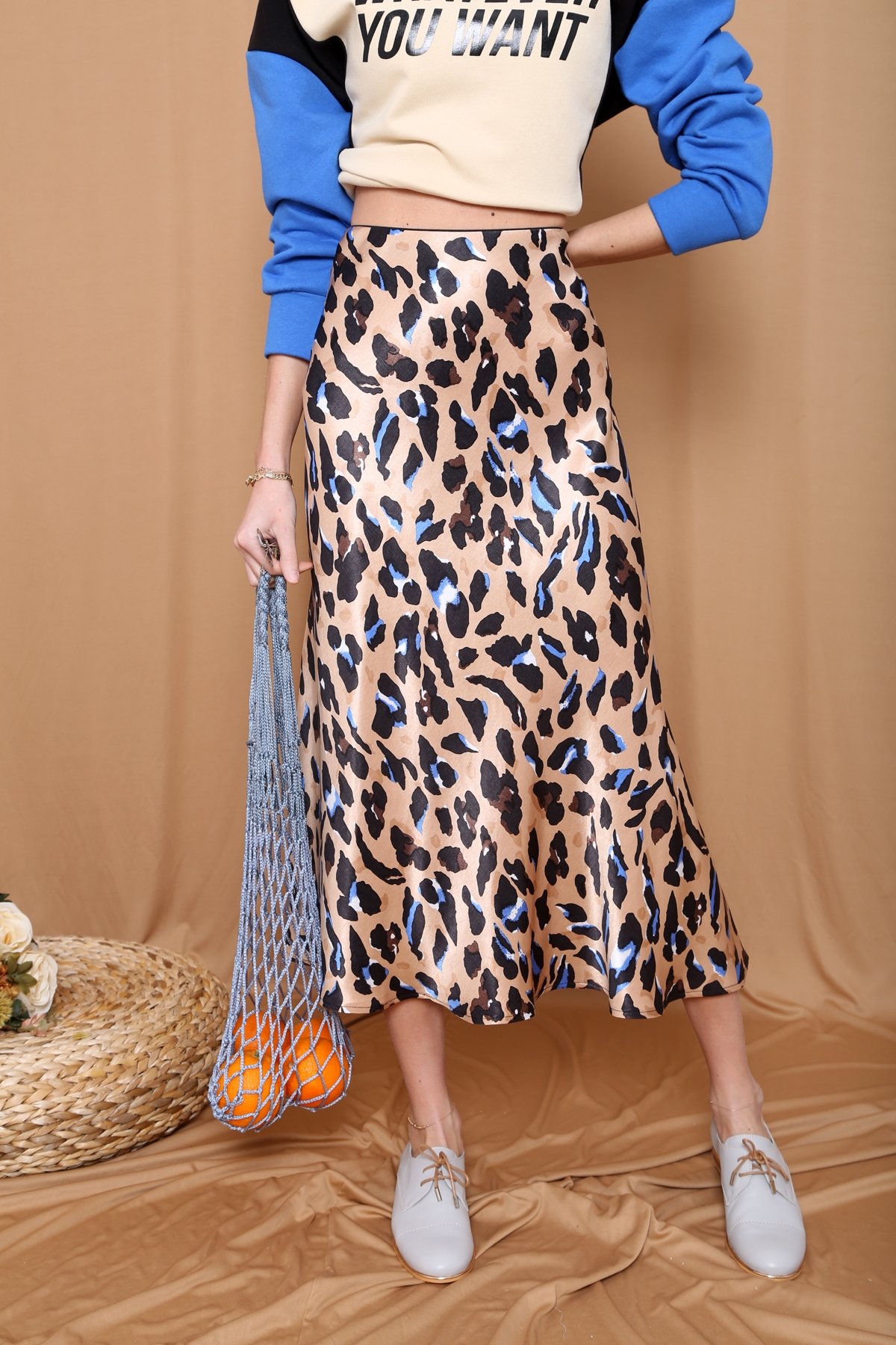 Camel Leopar Desen Volanlı Saten Etek