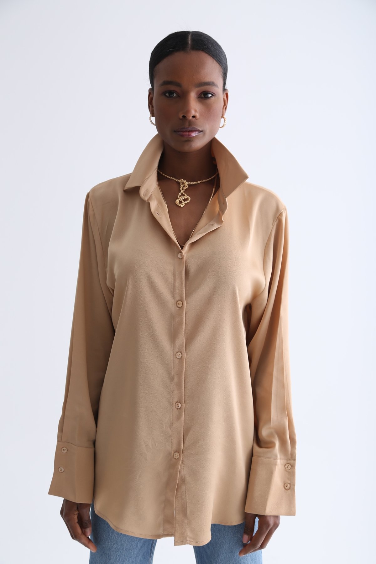 Camel Oversize Saten Gömlek NO16
