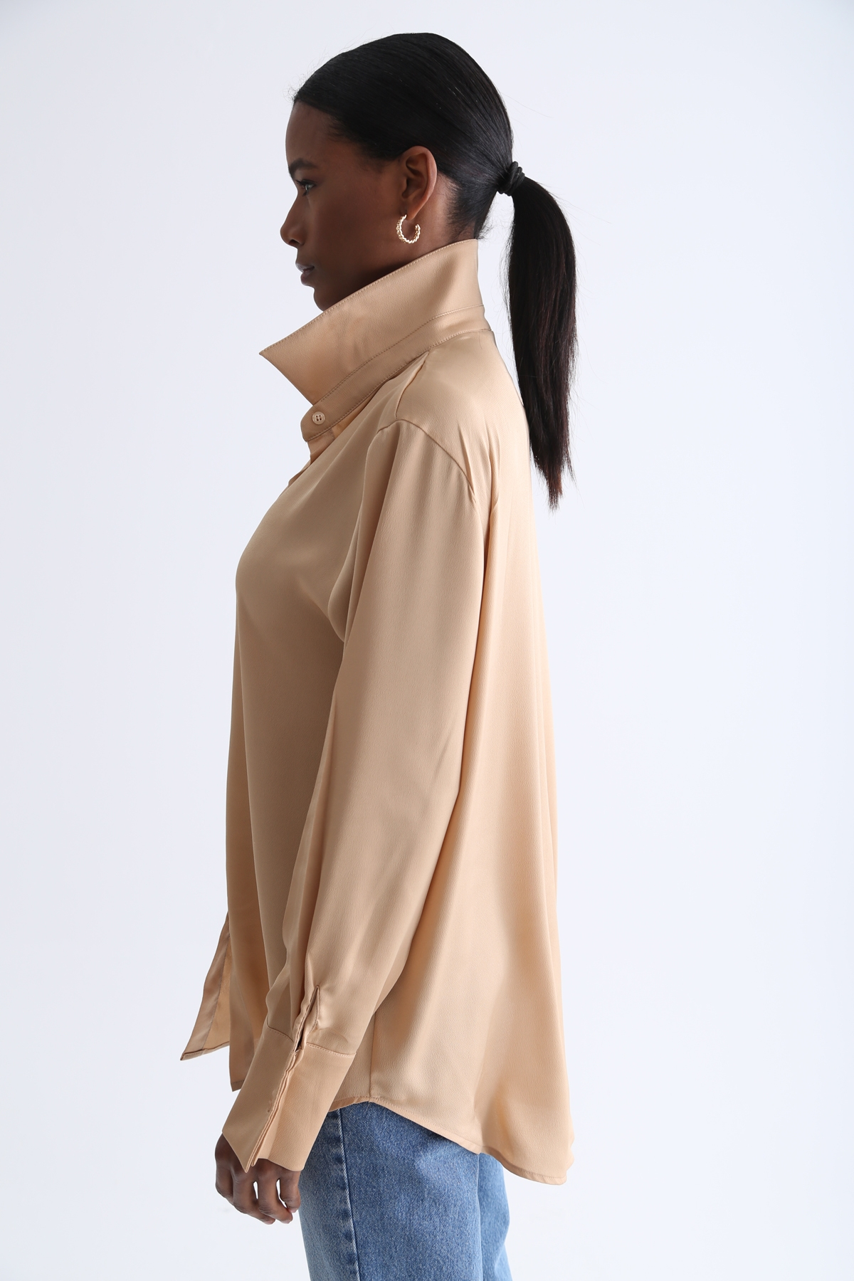 Camel Oversize Saten Gömlek NO16