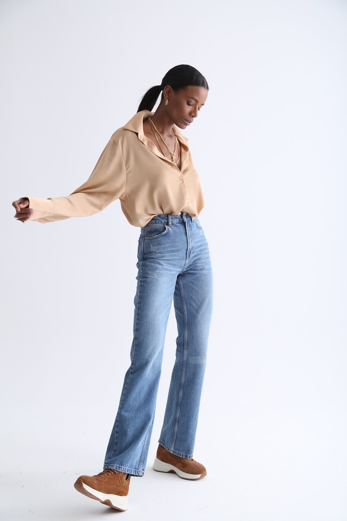 Camel Oversize Saten Gömlek NO16