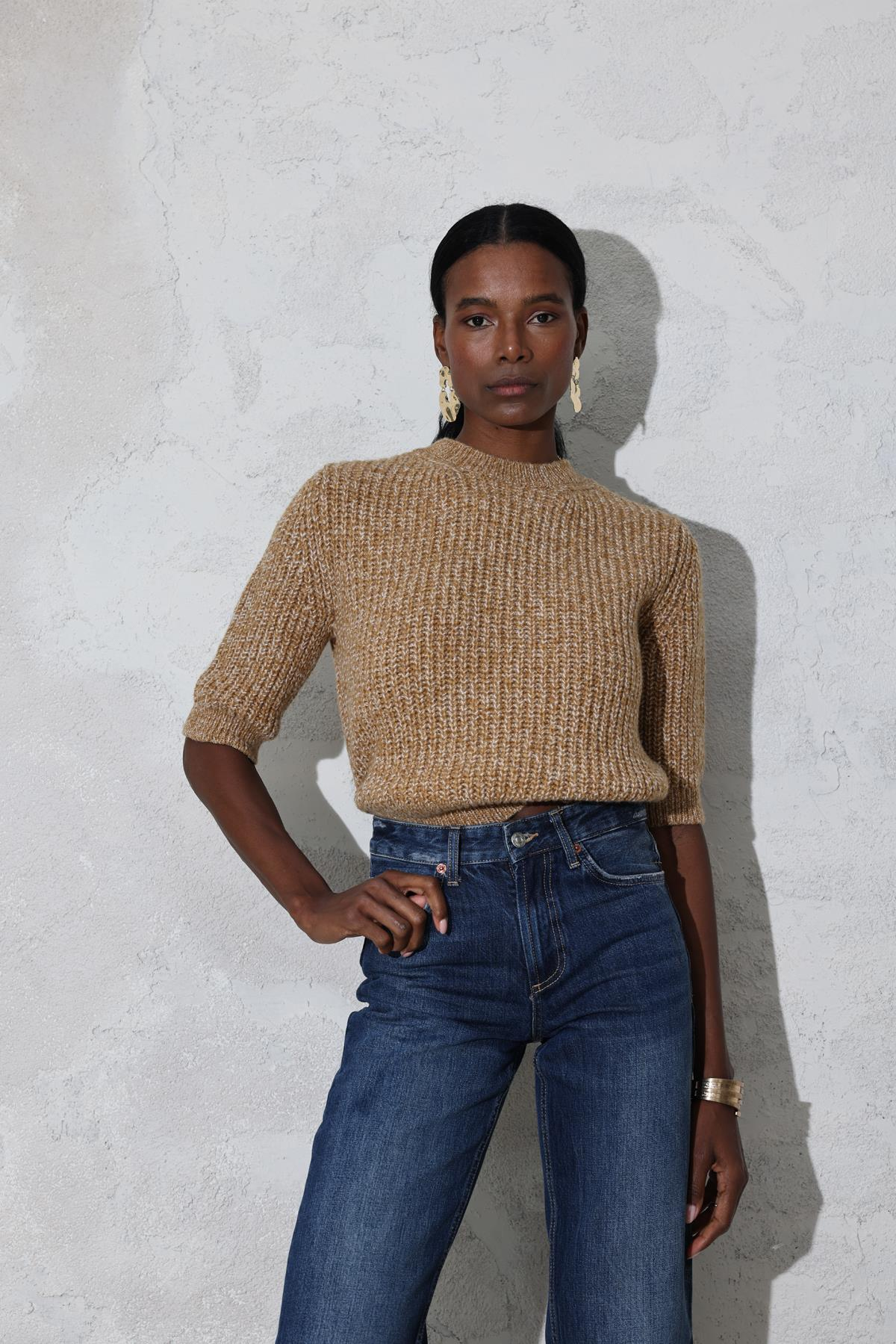 Camel Selanik Örgü Fakir Kol Kazak 