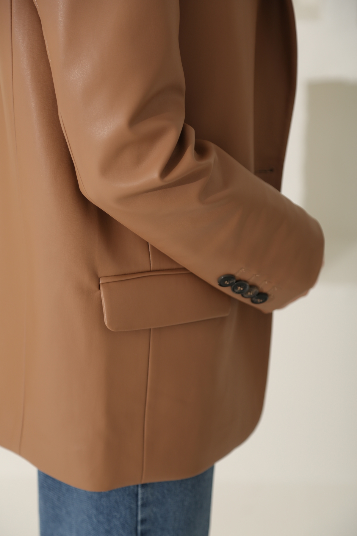 Camel Tek Düğme Deri Blazer Ceket 40290
