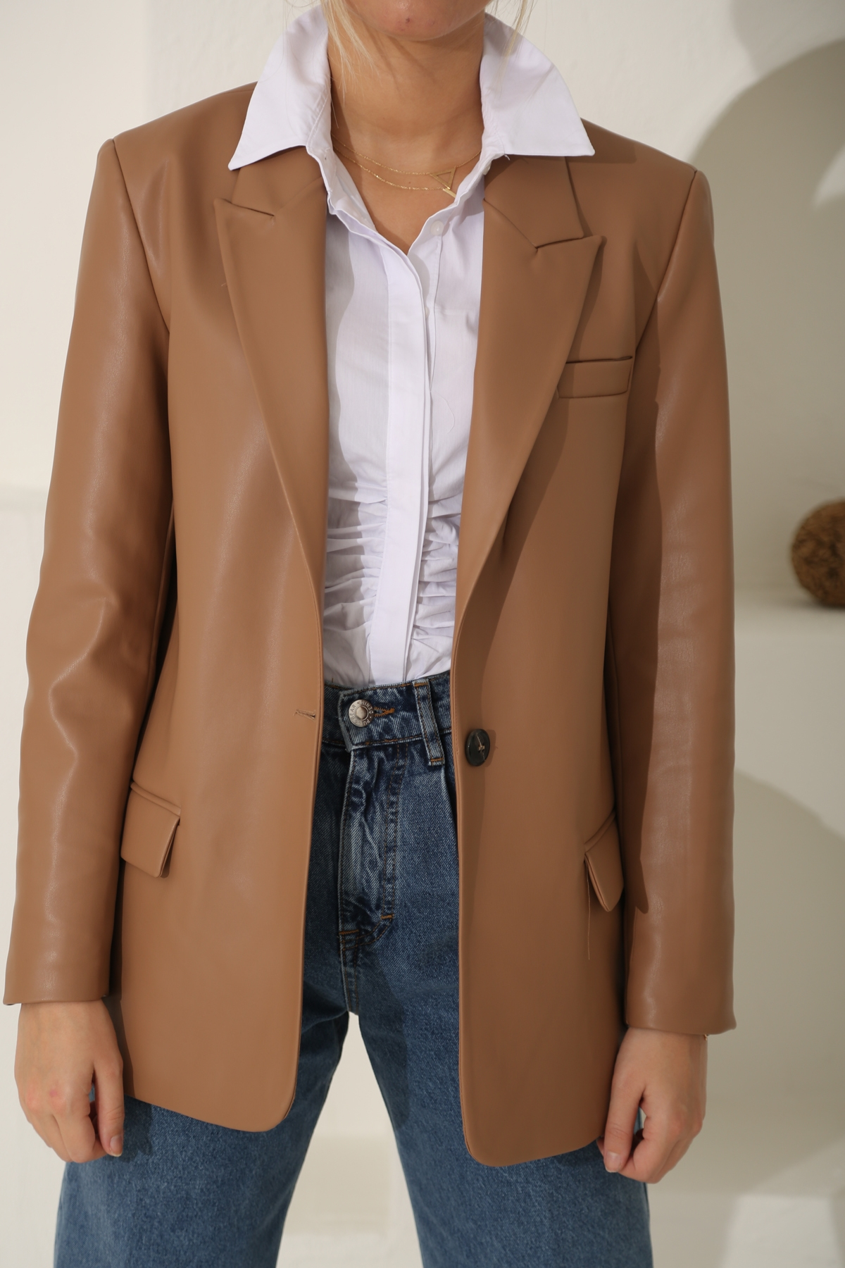 Camel Tek Düğme Deri Blazer Ceket 40290